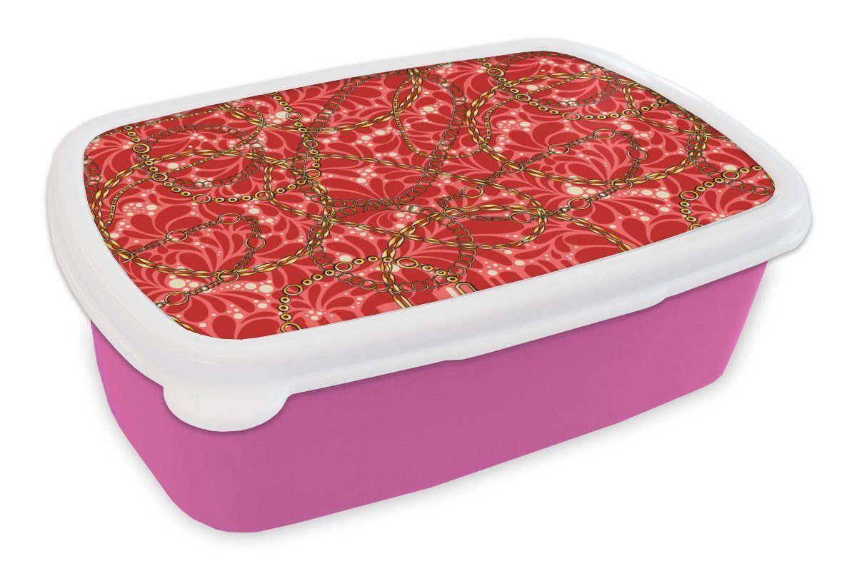 MuchoWow Lunchbox Muster - Gold - Halskette - Rot, Kunststoff, (2-tlg), Brotbox für Erwachsene, Brotdose Kinder, Snackbox, Mädchen, Kunststoff rosa