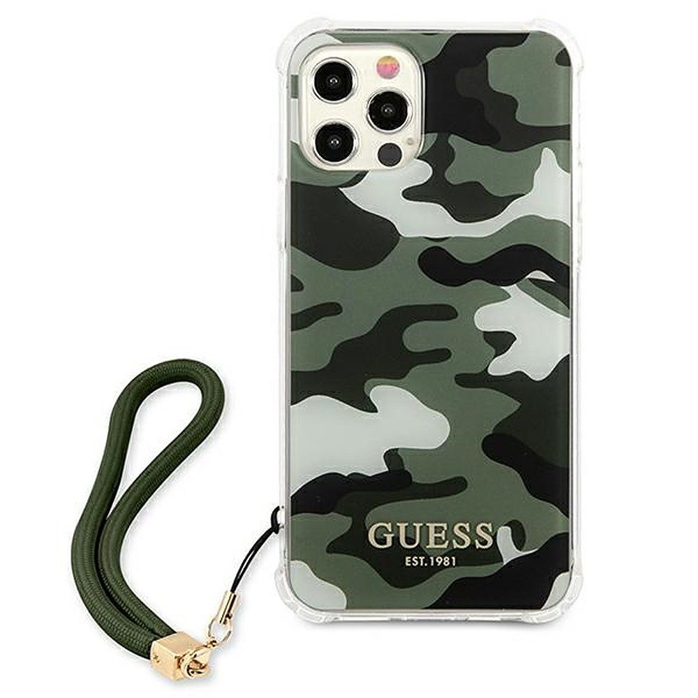 Guess Handyhülle Schutzhülle Rückschale Handyschlaufe 6,7 Zoll, Tarnmuster, Handschlaufe, verstärkte Ecken