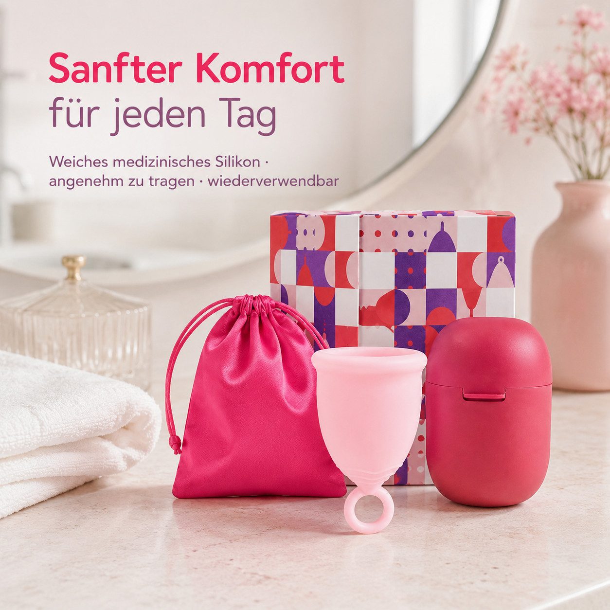 Tekoo Menstruationstasse Menstruationstassen Set mit Aufbewahrungsbeutel, 32 ml, S Gr., Mit innovativem Ring-Griff für besonders leichtes Entfernen
