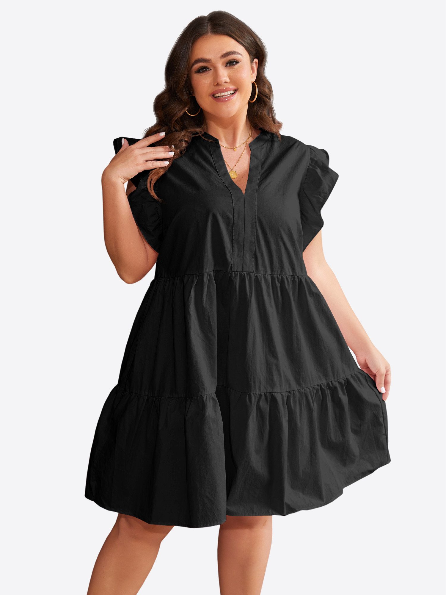 Imily Bela Minikleid Damen Oversize Kurzarm V-Ausschnitt mit Rüschenärmeln günstig online kaufen