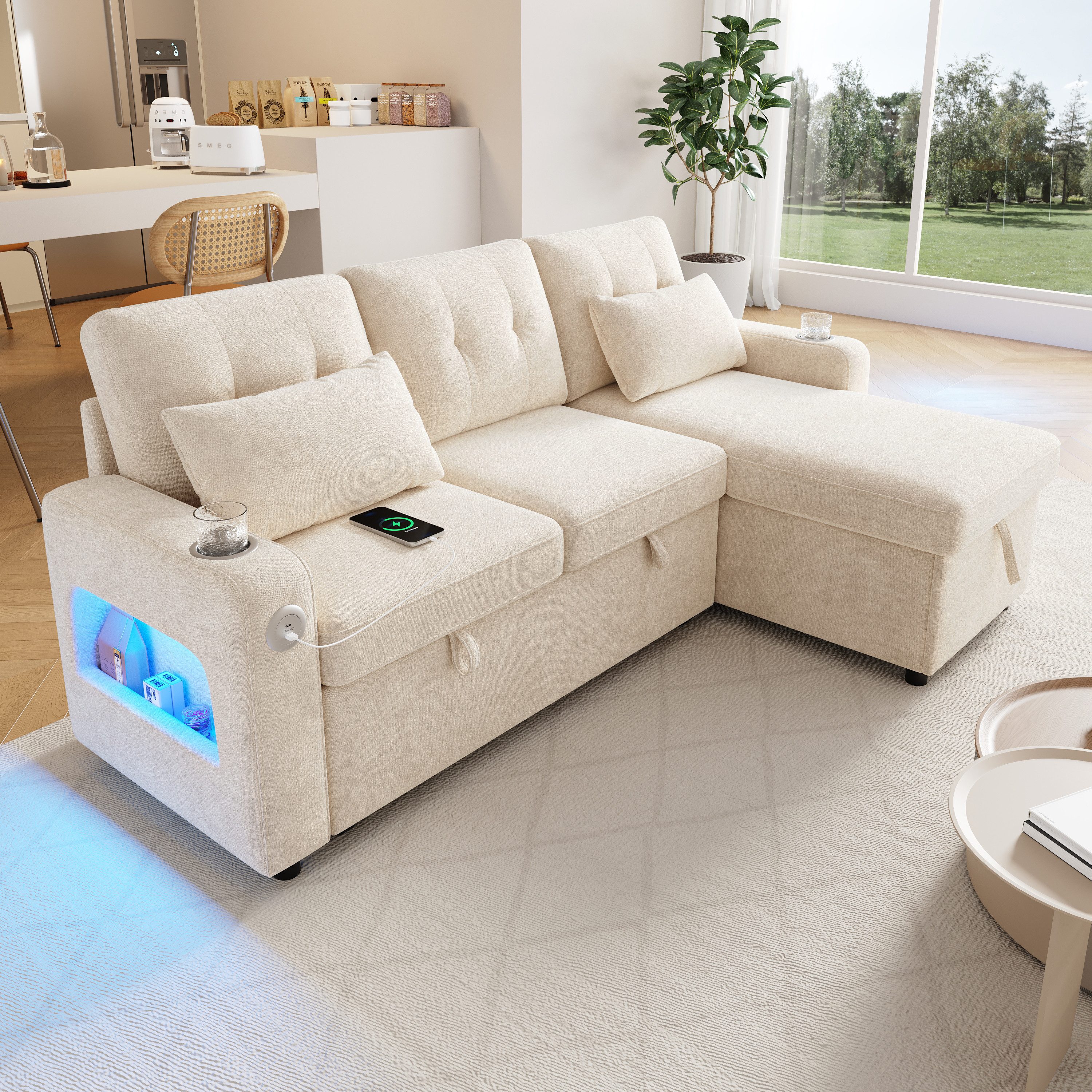 Merax Ecksofa mit LED‑Beleuchtung & USB, L-förmiges Sofa mit Schlaffunktion, multifunktionales Schlafsofa aus Chenille, für Wohnzimmer/Schlafzimmer 1 Teile, 3-Sitzer-Sofa mit Getränkehalter, Seitentaschen & verdeckten Stauraum