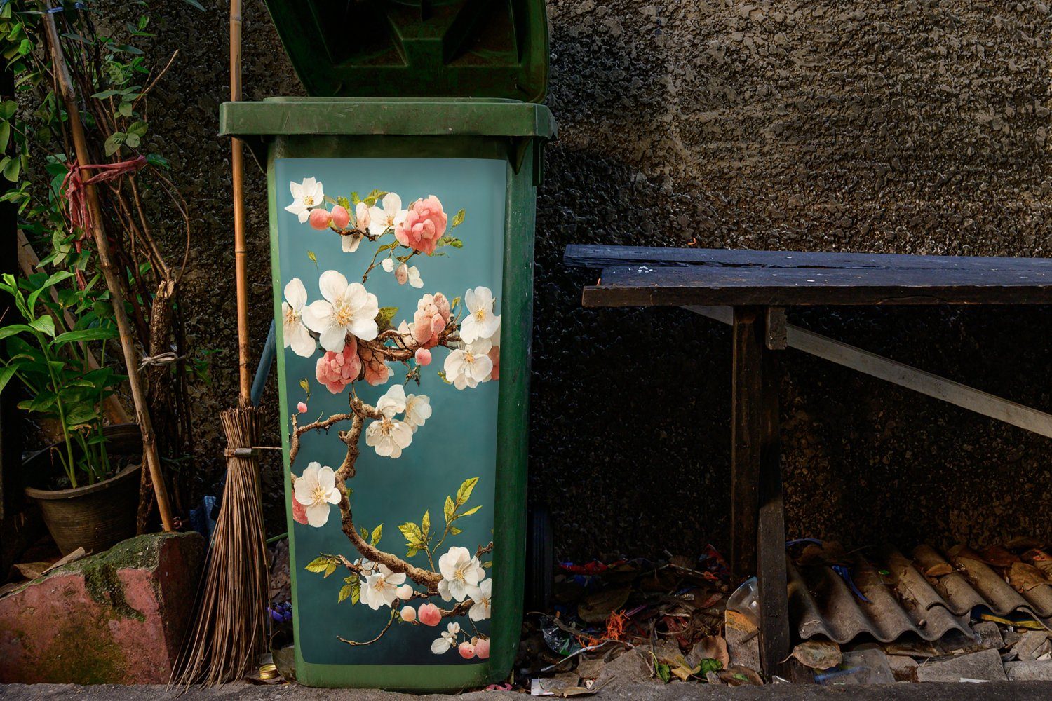MuchoWow Wandsticker Blumen Weiß - Kirsche Mülltonne, - Abfalbehälter - (1 Blüte Zweig Sticker, St), - Container, Mülleimer-aufkleber