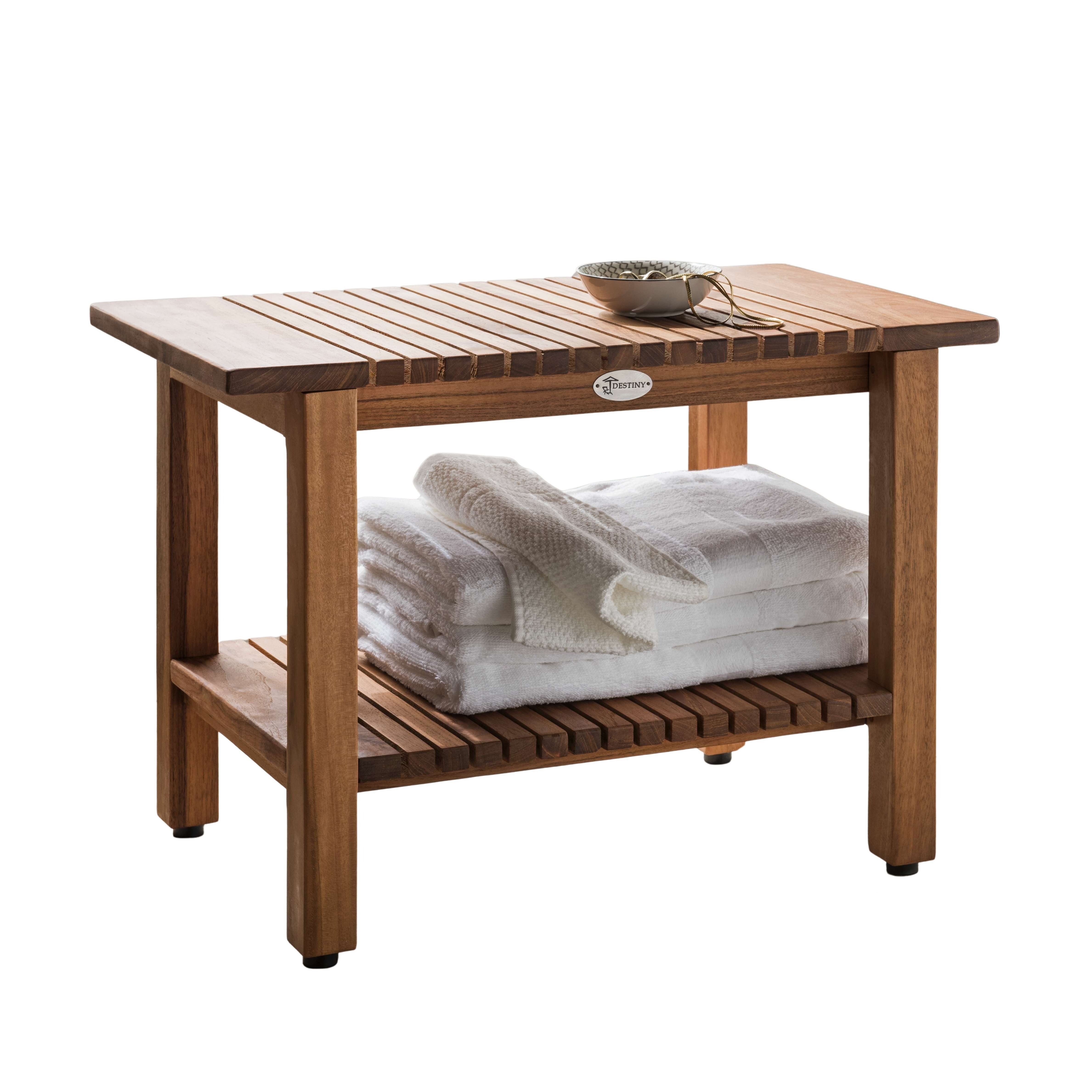 Destiny Saunabank SPA & LIVING Beistelltisch, Saunabank geriffelt mit Ablagefach 61x35x44cm, Teak