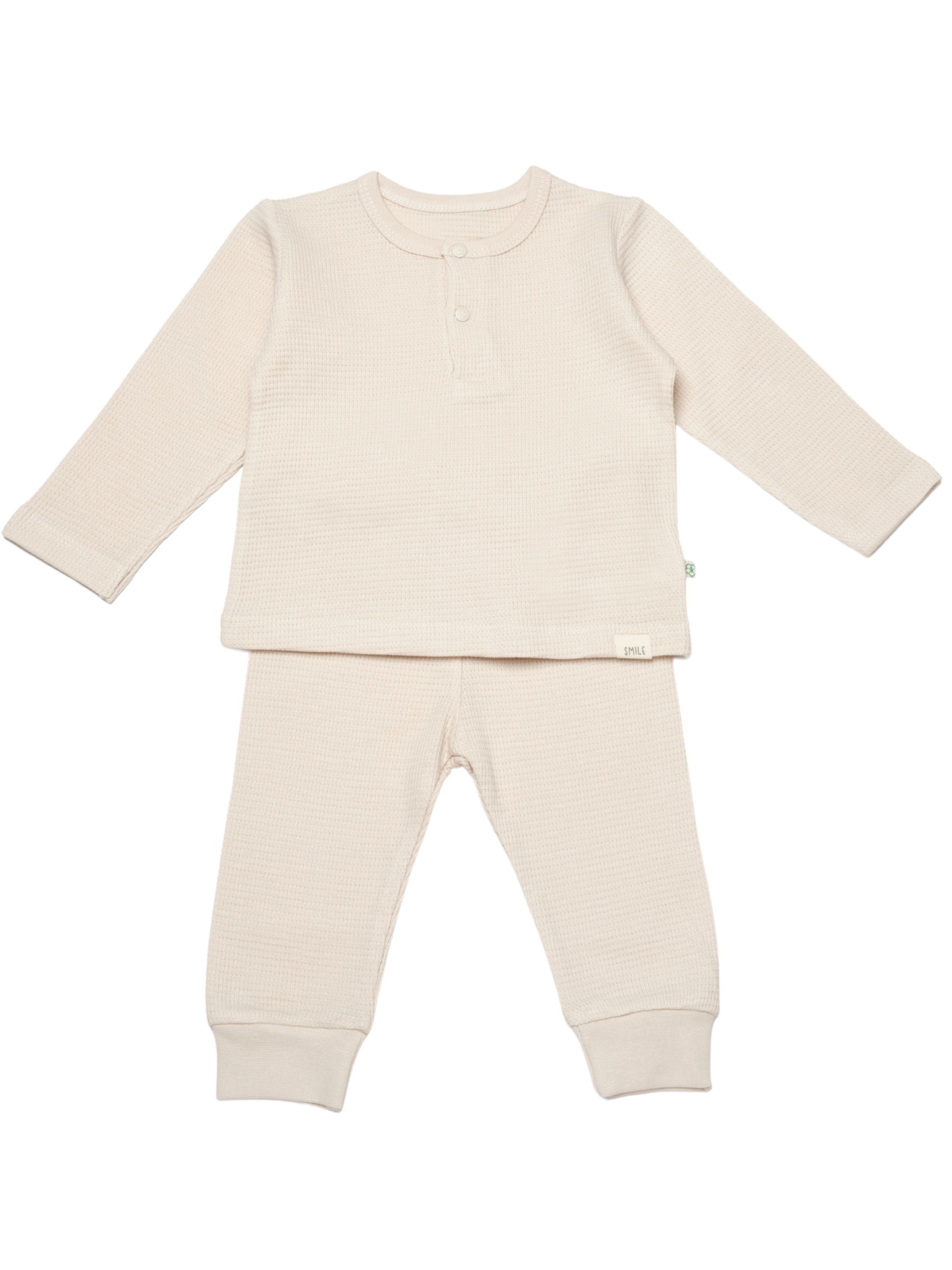 biorganic Langarmshirt & Hose Baby Waffle Smile für Jungen und Mädchen Unisex Langarm (2-tlg., Shirt & Hose) Waffelmuster, Bio-Baumwolle Größe 68-86