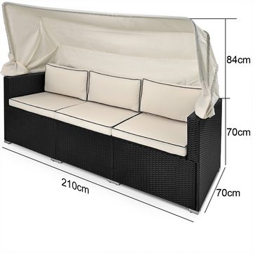 Casaria Gartenbank Schwarz, Polyrattan Gartensofa Lounge Schwarz Faltbares Dach 7cm Dicke Auflage