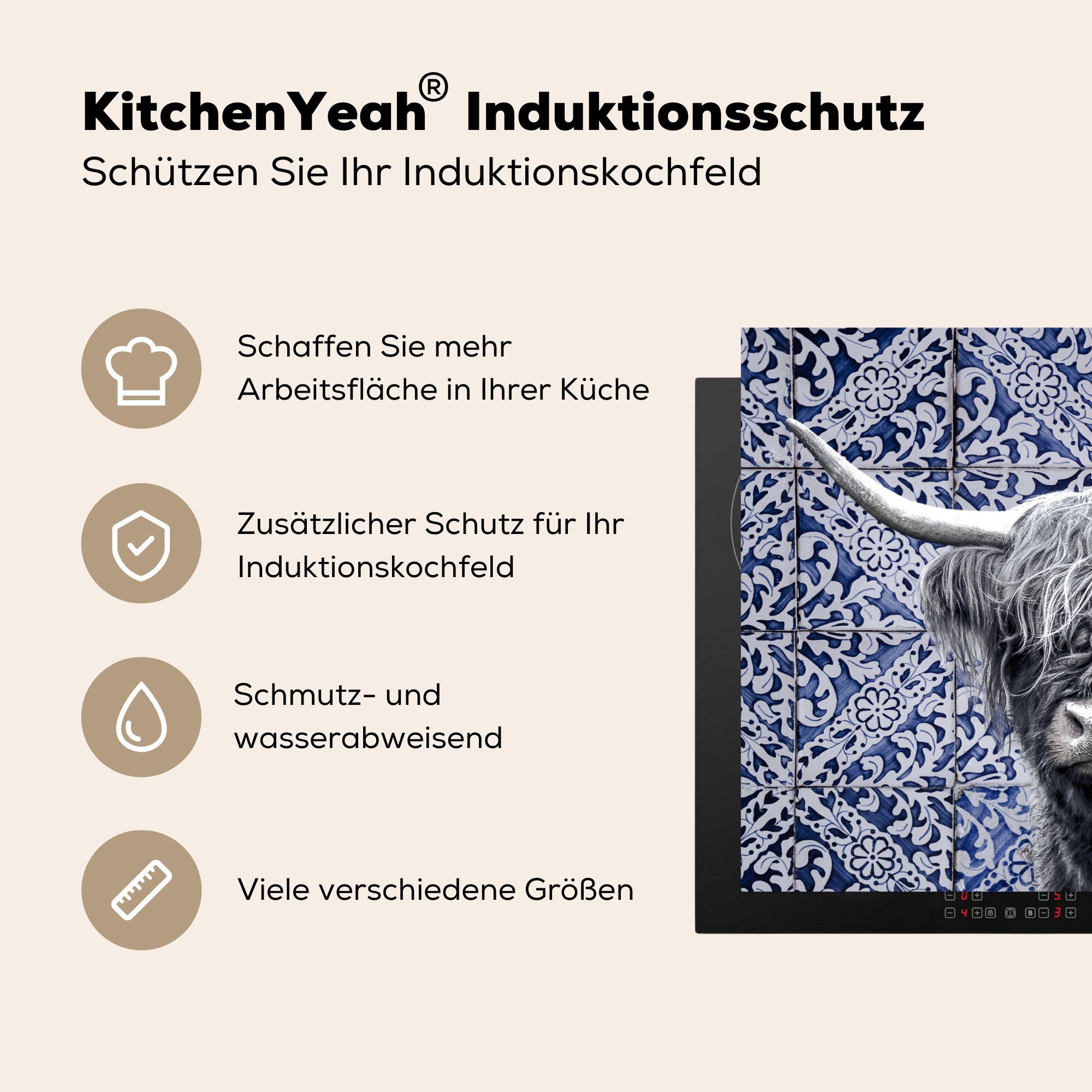 MuchoWow Herdblende-/Abdeckplatte Delfter Blau - Schottischer für - küche, cm, Vinyl, Schwarz - Highlander (1 Weiß, Schutz Ceranfeldabdeckung die Induktionskochfeld 71x52 tlg)