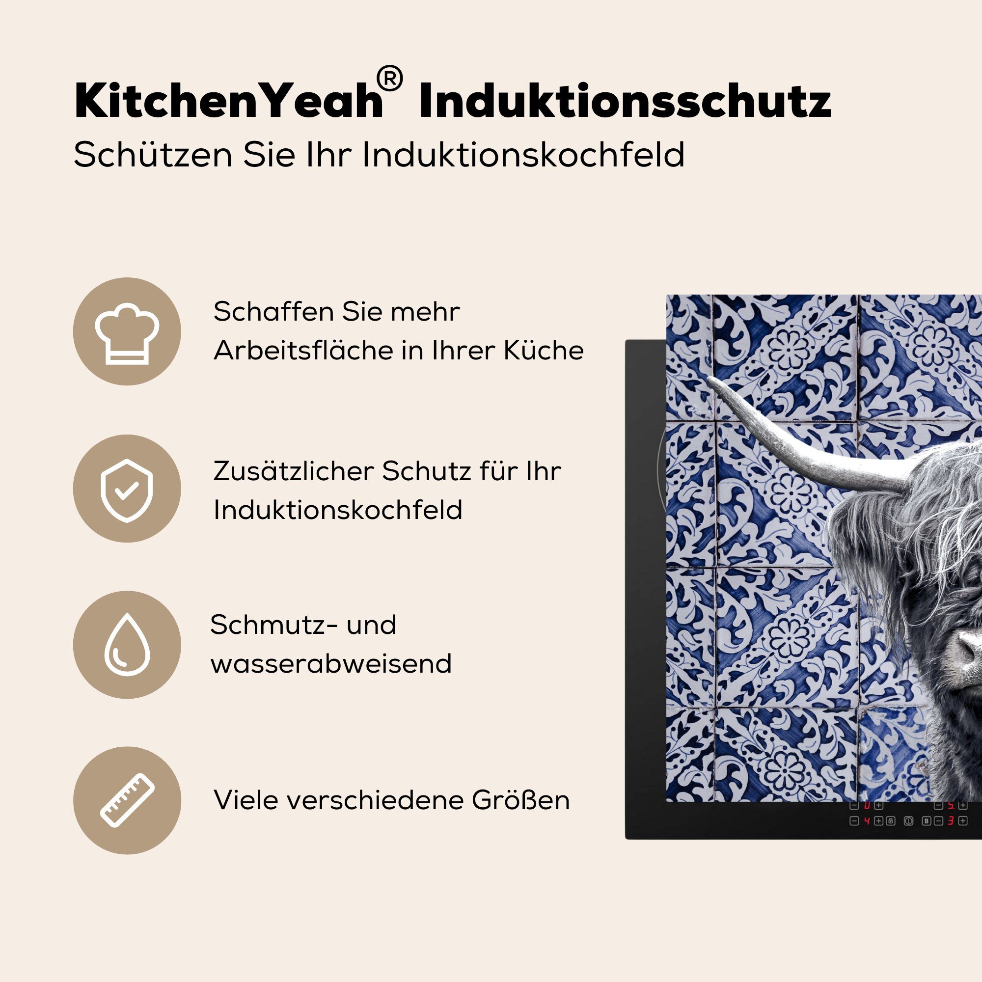 MuchoWow Herdblende-/Abdeckplatte Delfter Ceranfeldabdeckung Blau Induktionskochfeld tlg), - - küche, Weiß, Schutz 71x52 Schwarz für cm, Vinyl, Highlander die (1 - Schottischer