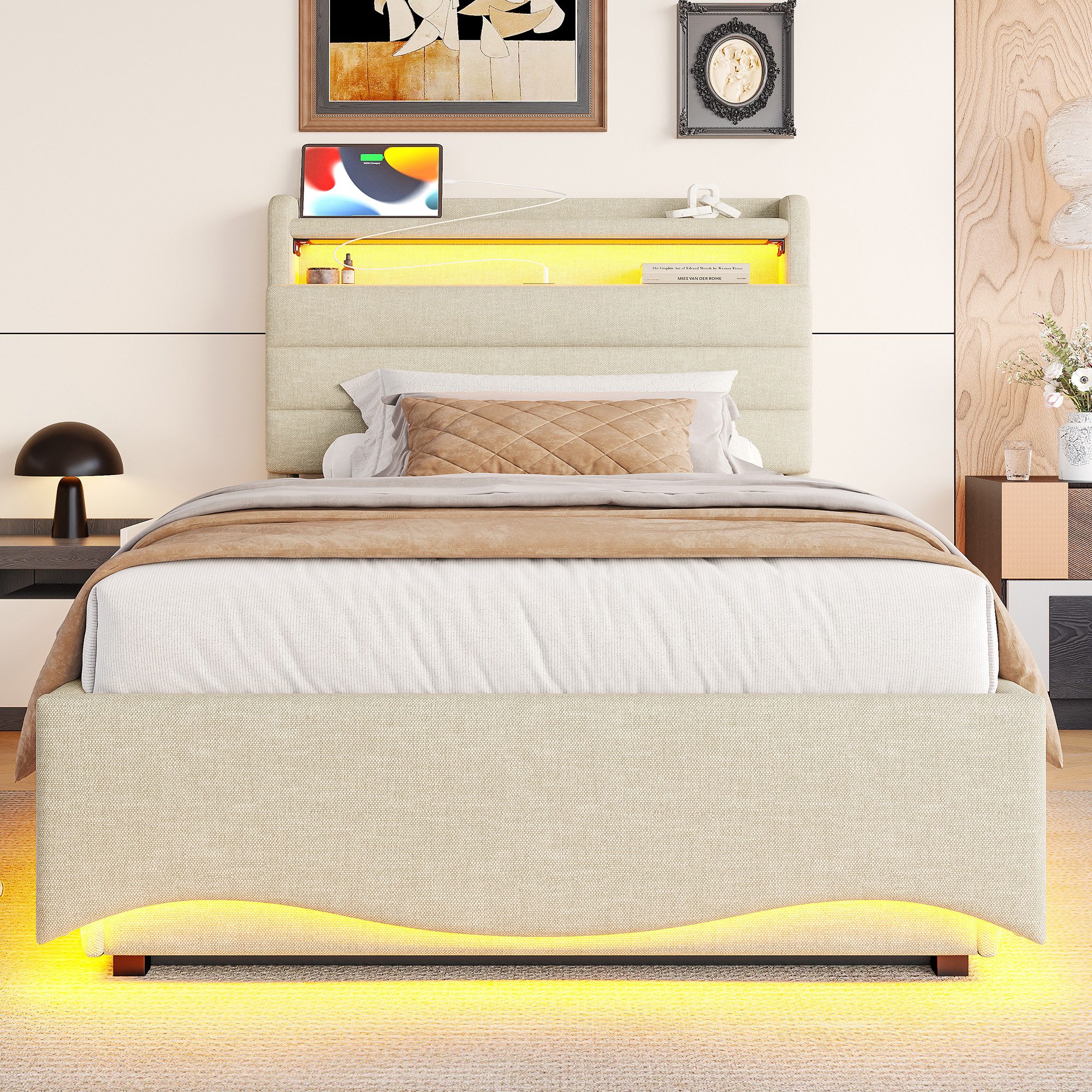 TavilaEcon Boxspringbett Polsterbett mit LED-Beleuchtung und Hydraulikmechanismus (1-St), 90x200cm, mit Ablagefach, USB-/Typ-C-Anschluss, Beige