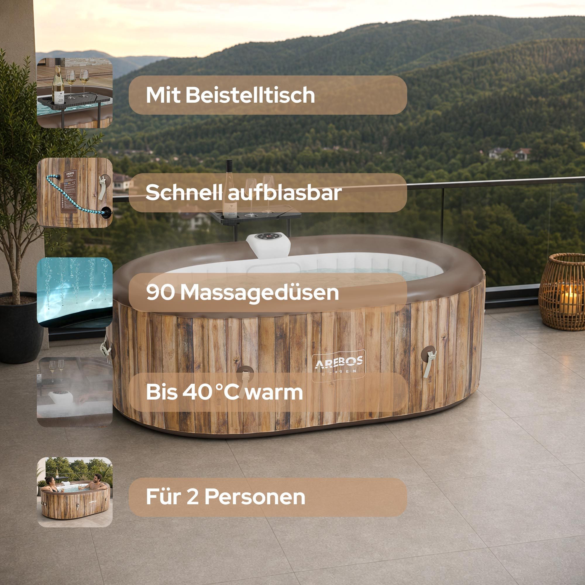 Arebos Whirlpool BERGEN aufblasbar für 2 Personen mit 90 Massagedüsen, (Komplett-Set, 190 x 120 cm), für Outdoor & Indoor