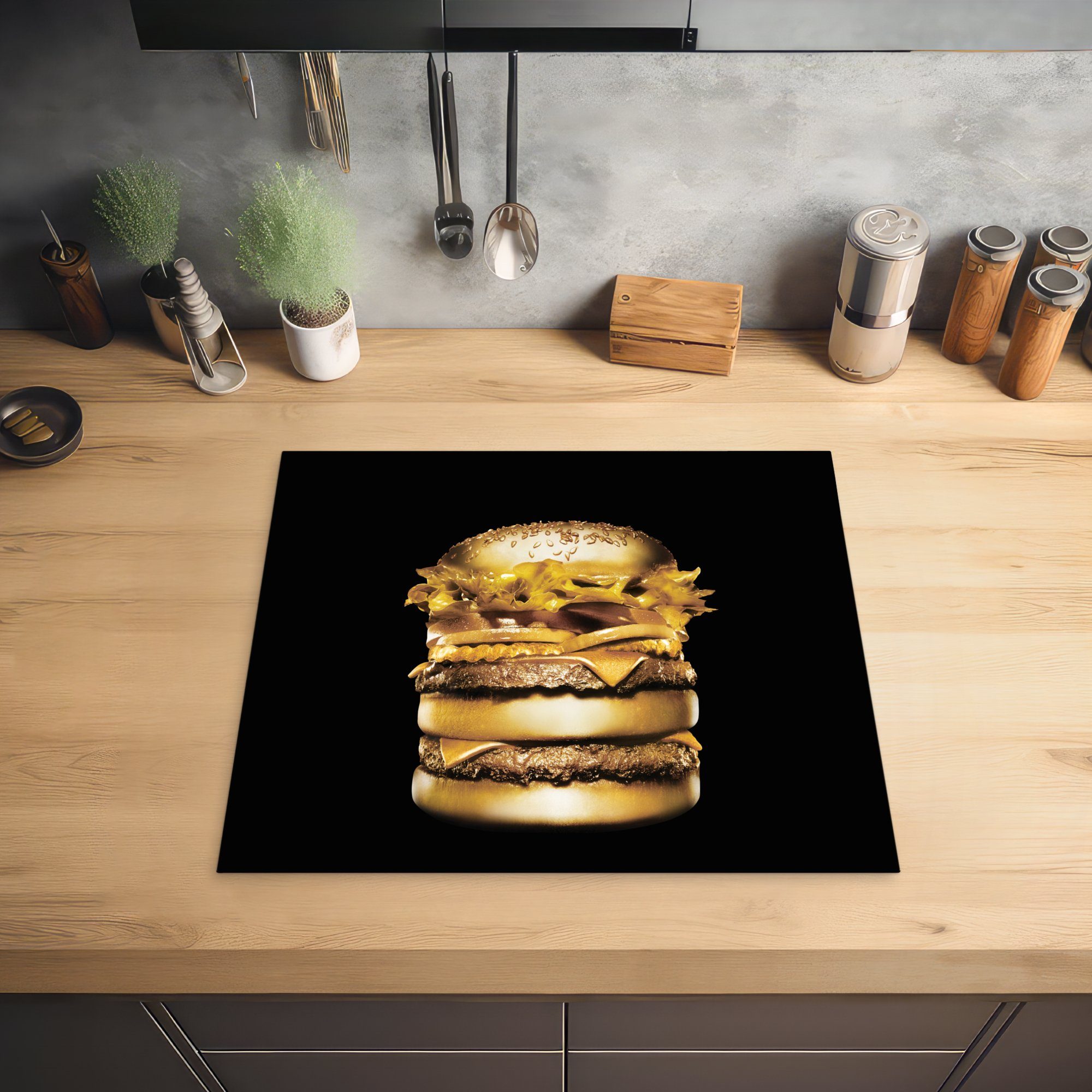 Vinyl, küche, 59x52 cm, Goldener Hintergrund., tlg), die Herdblende-/Abdeckplatte für MuchoWow auf Hamburger schwarzem Induktionsmatte Ceranfeldabdeckung (1