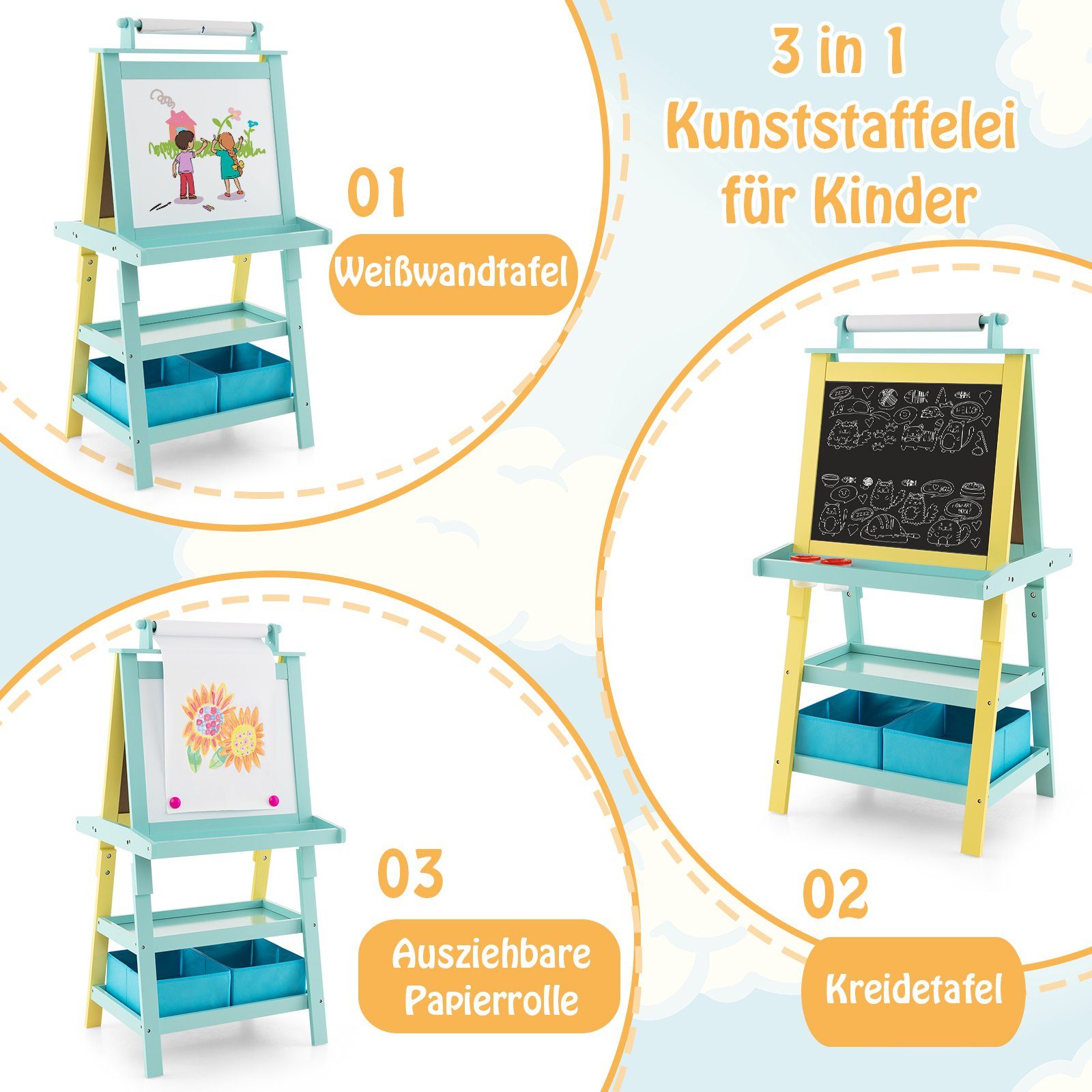 COSTWAY Standtafel Kinder Staffelei, doppelseitig, mit Magneten & 2 Boxen