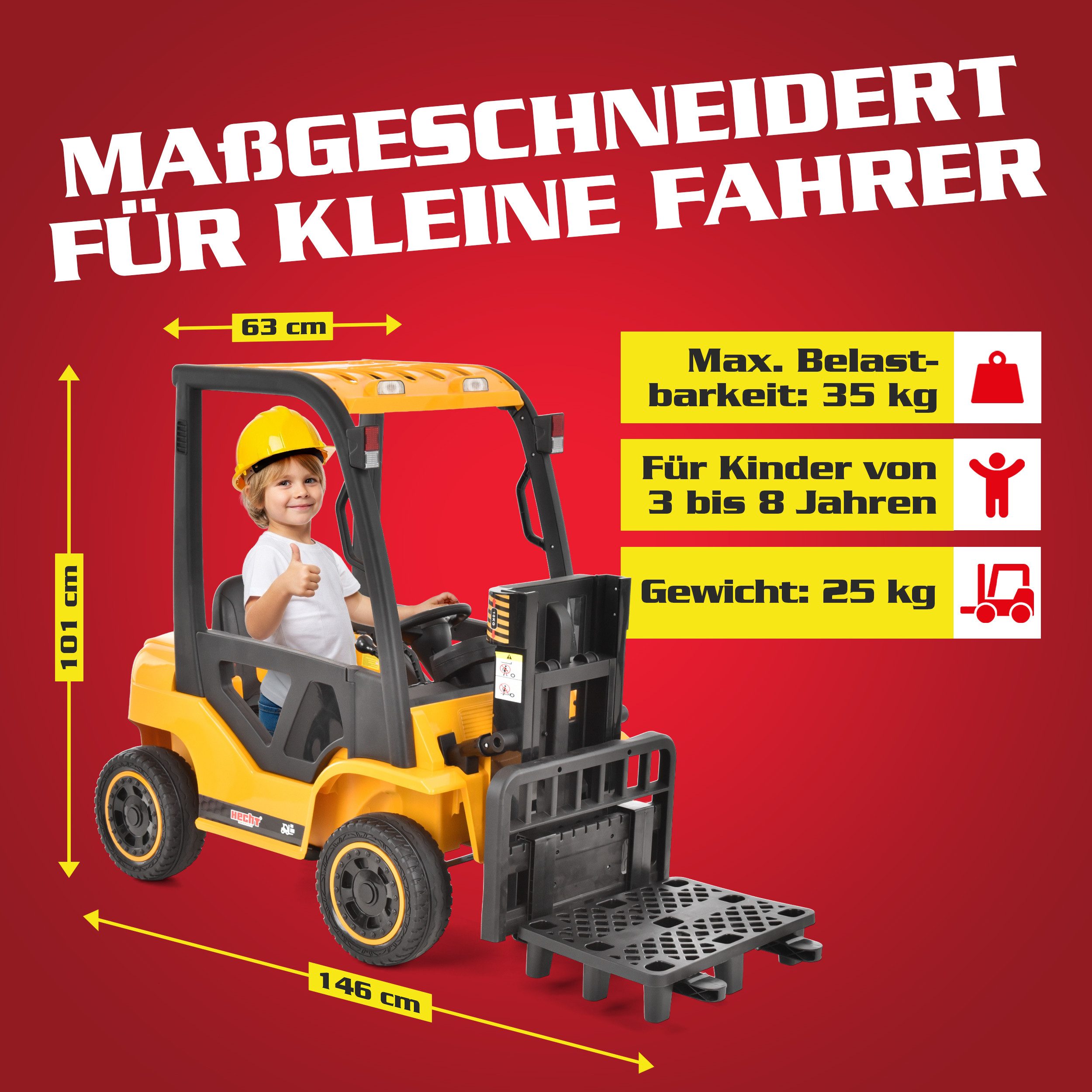Hecht Spielzeug-Gabelstapler mit Fernbedienung, 12V Akku bis 35 kg und 6 km/h, Hebt bis 10 kg, mit Radio, Mp3, Bluetooth