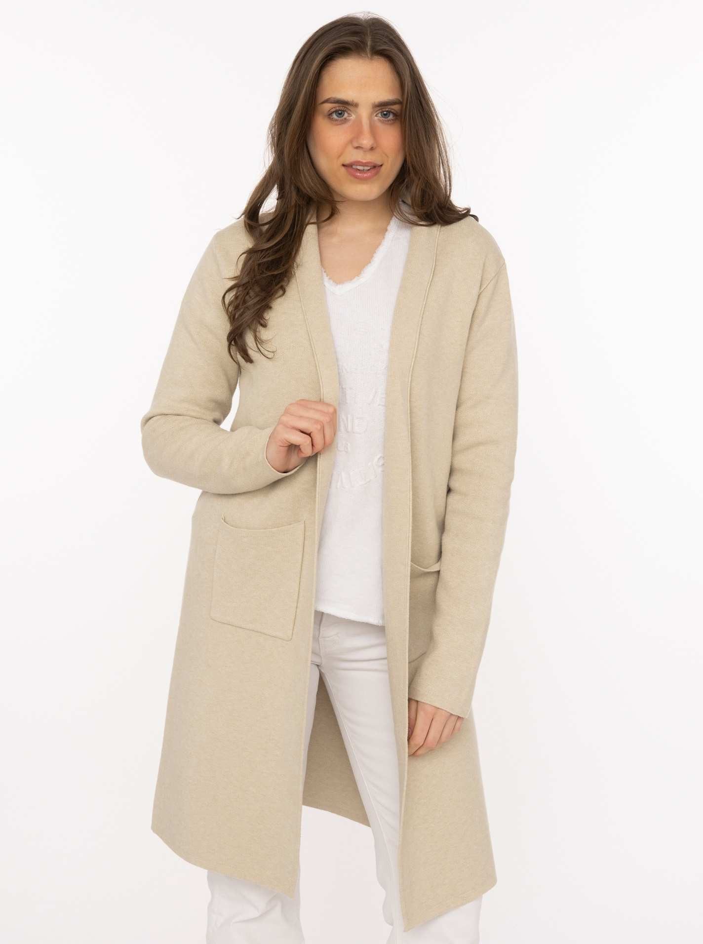 Zwillingsherz Cardigan "Jessi" mit Kragen, Langarm, aufgesetzte Taschen, ohne Verschluss, knielang