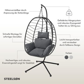 STEELSØN Hängesessel Alarian (dunkelgrau/schwarz, mit Gestell und Sitzkissen), höhenverstellbar, faltbar, für indoor und outdoor, aus Polyrattan