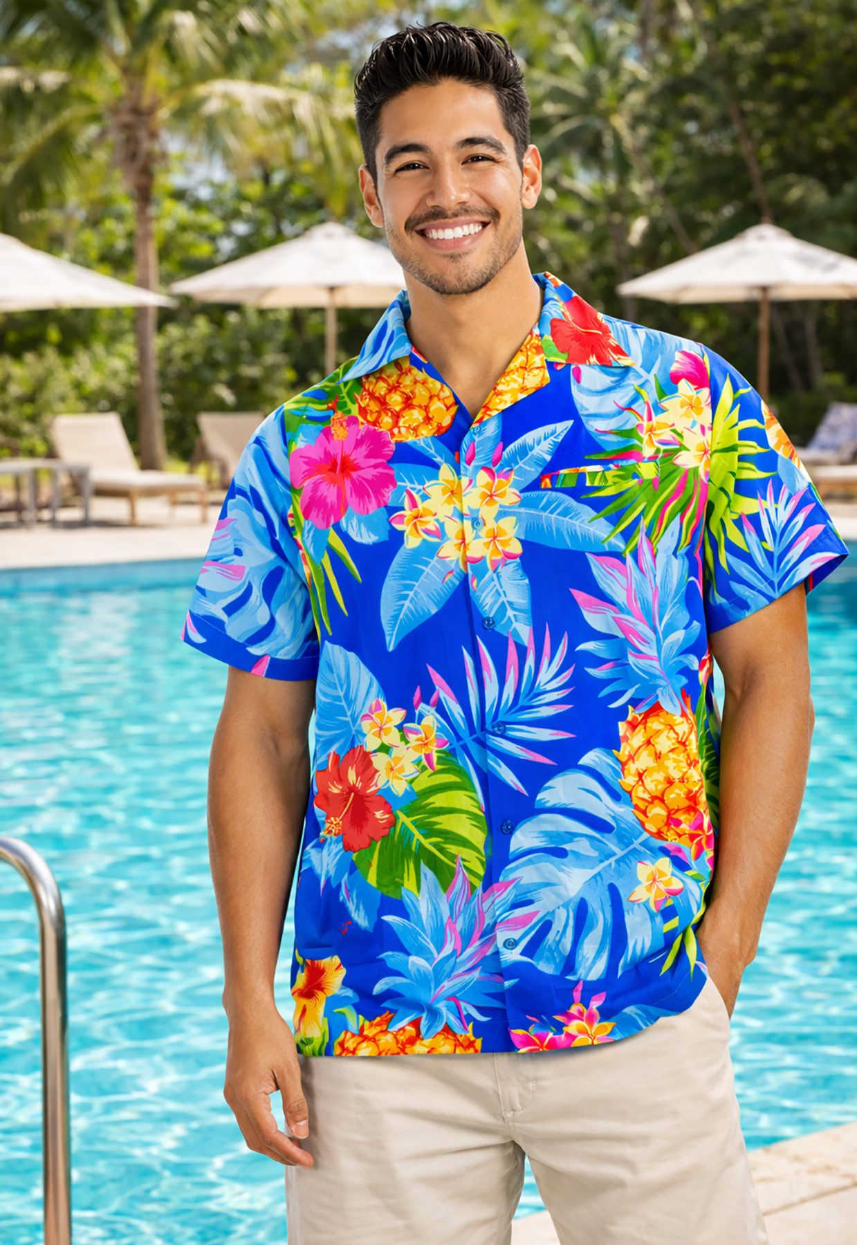 King Kameha Hawaiihemd "Pineapple" Funky Hawaii-Hemd Herren Kurzarm Front-Tasche Stylish