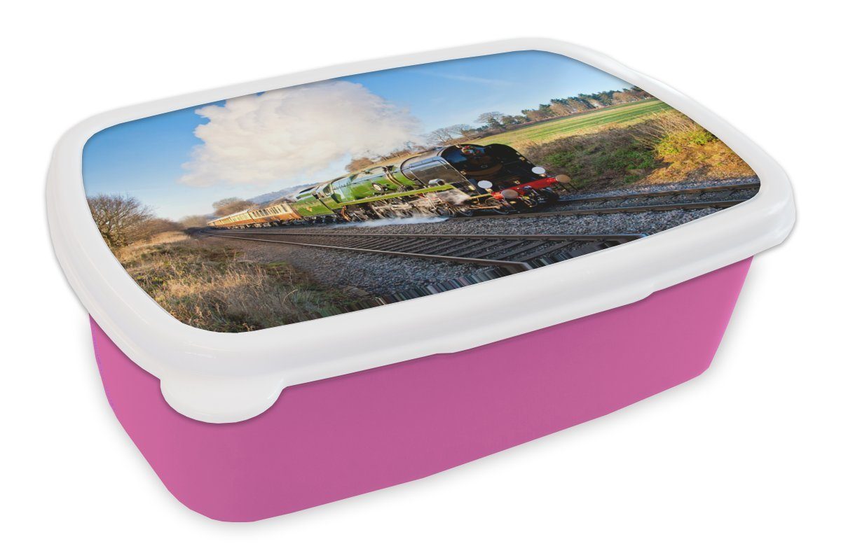 MuchoWow Lunchbox Eine Dampfeisenbahn mitten auf der Wiese, Kunststoff, (2-tlg), Brotbox für Erwachsene, Brotdose Kinder, Snackbox, Mädchen, Kunststoff rosa