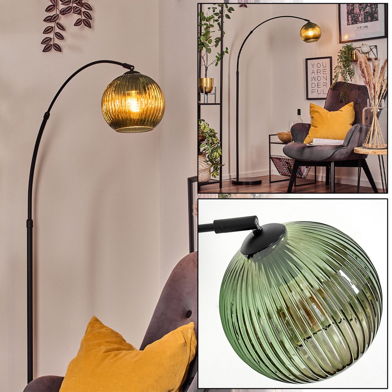 Stehlampe Stehlampe aus Metall/Riffelglas in Schwarz/Grün mit Marmorfuß