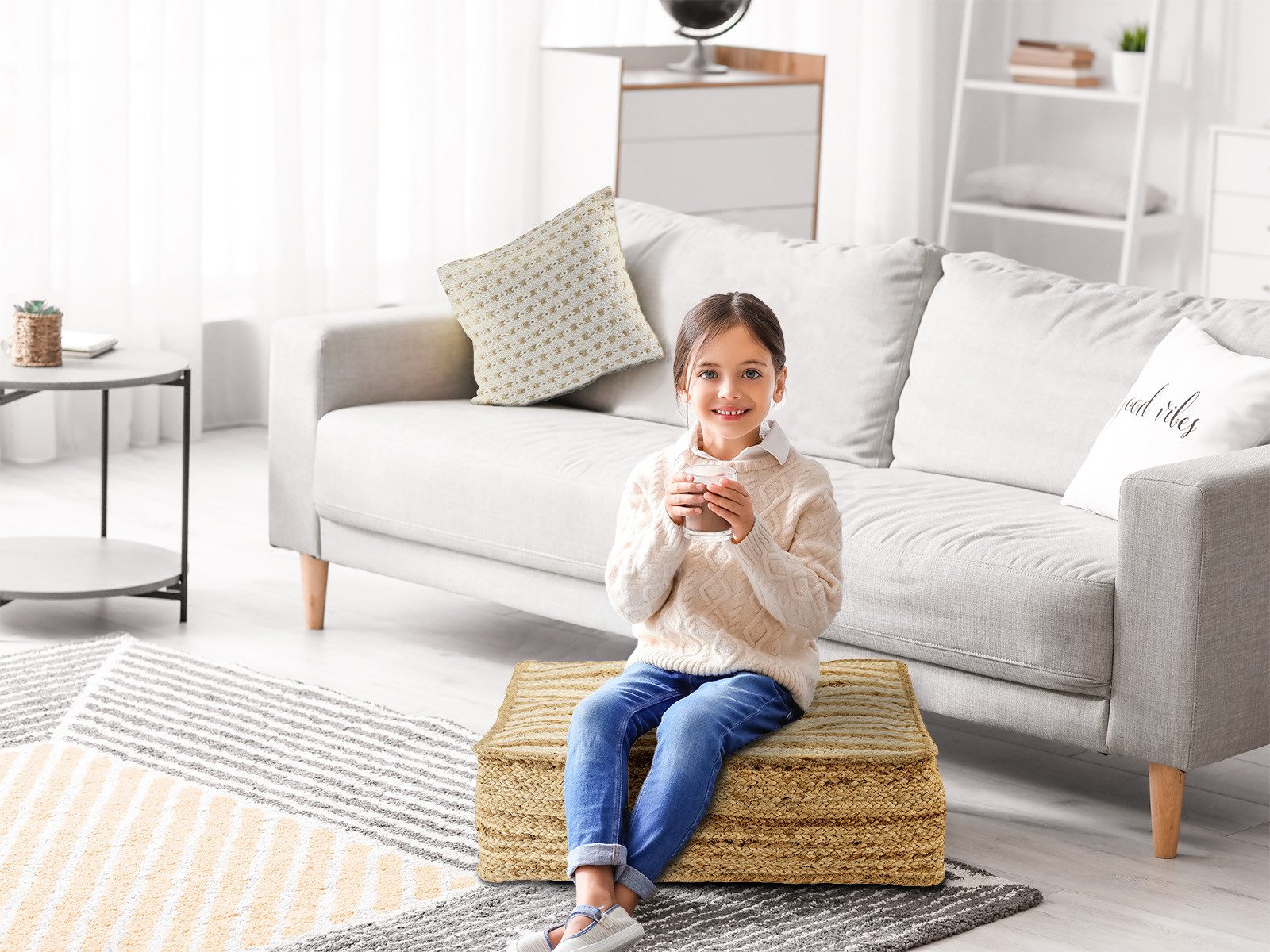 Amagohome Sitzhocker Sitzhocker Sitzpouf Jute Bodenkissen rund quadratisch Deko Hocker Fußh