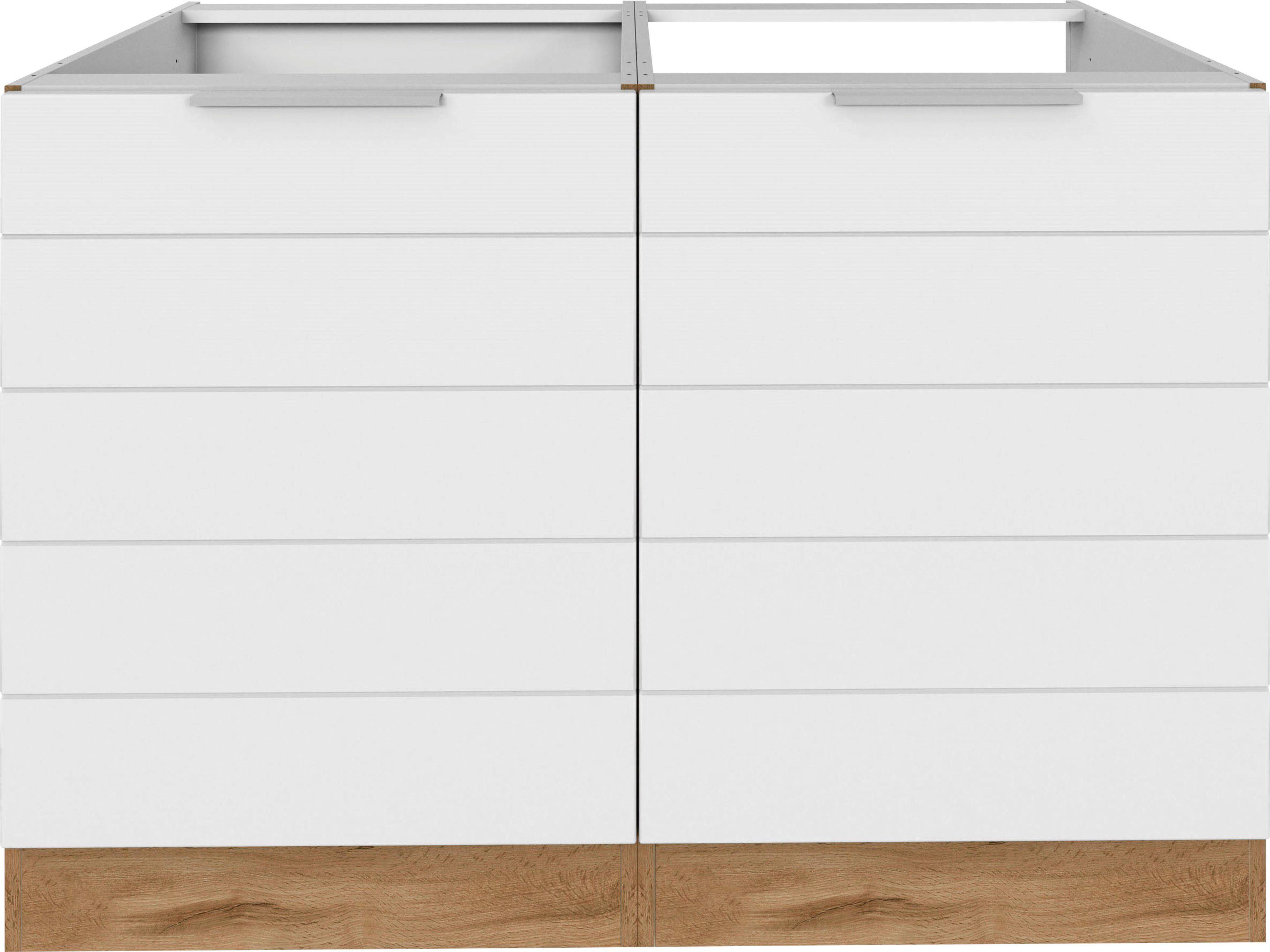 HELD MÖBEL Spülenschrank Luhe 120 cm hochwertige Matt/wotaneiche MDF-Fronten Lisene | weiß mit waagerechter wotaneiche breit