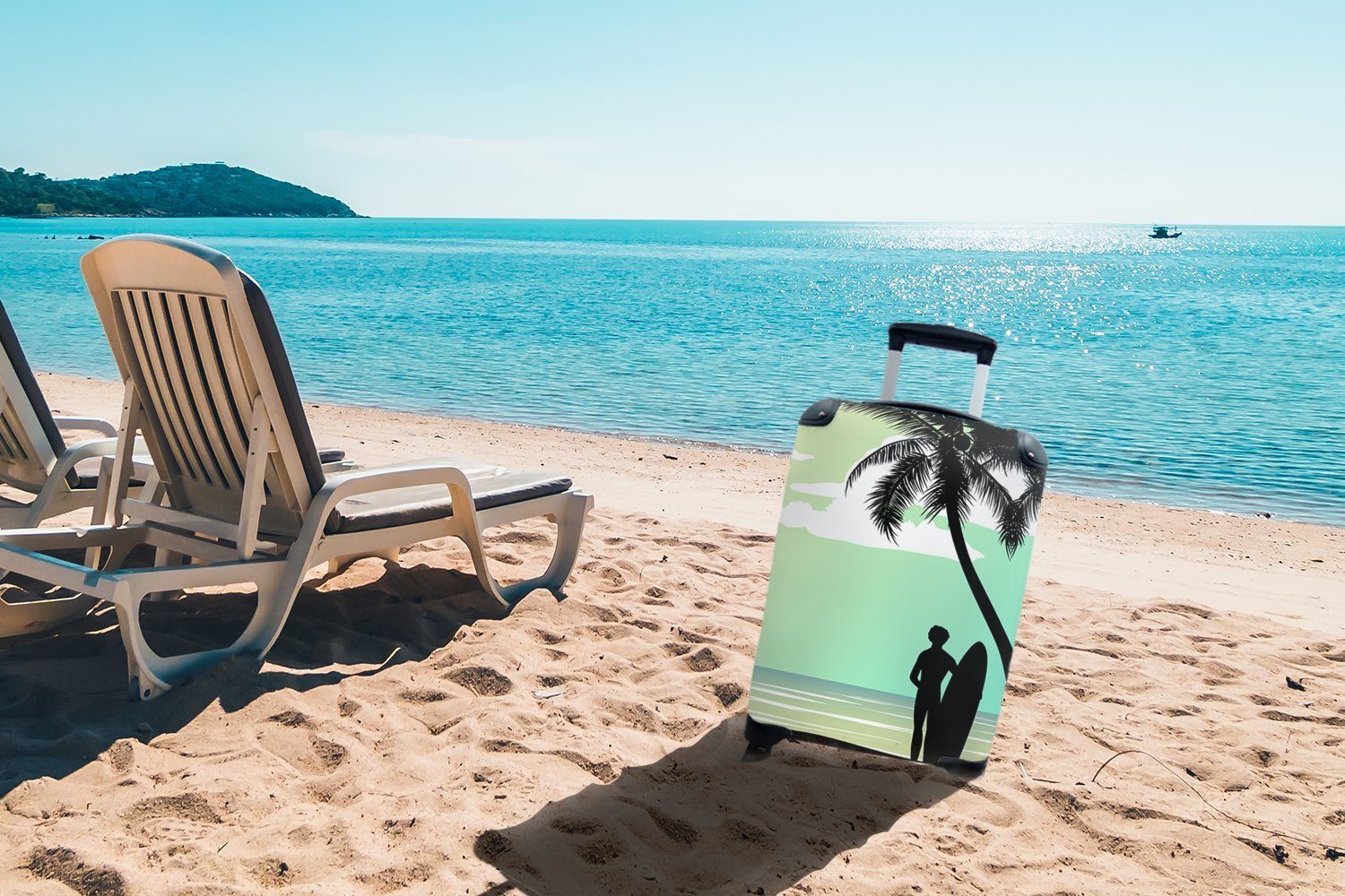 Meer 4 Handgepäck Reisetasche Ferien, Palme, Rollen, - Handgepäckkoffer rollen, mit Reisekoffer Surfbrett Trolley, MuchoWow für -