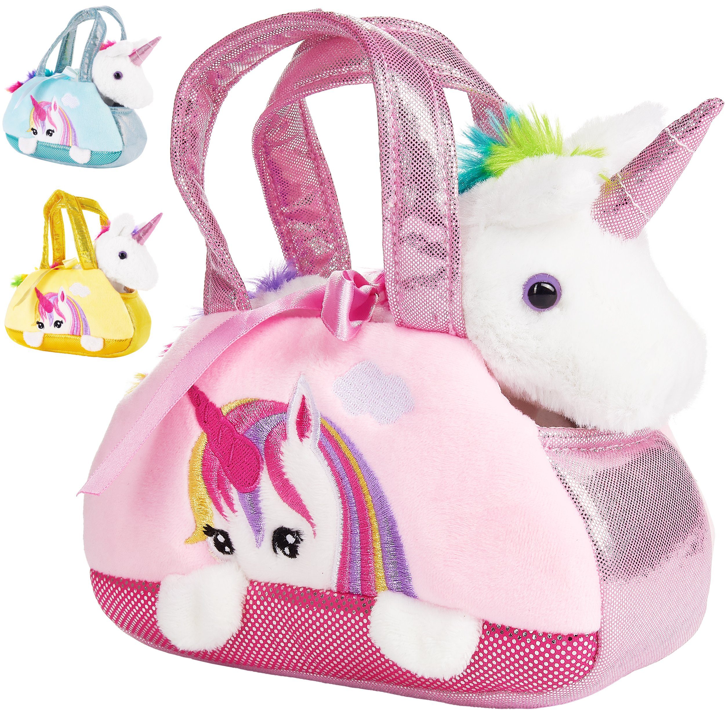 BRUBAKER Kuscheltier Einhorn Tasche Regenbogen 20 cm (1-St., Plüschtier in Handtasche), Glitzer Stofftier