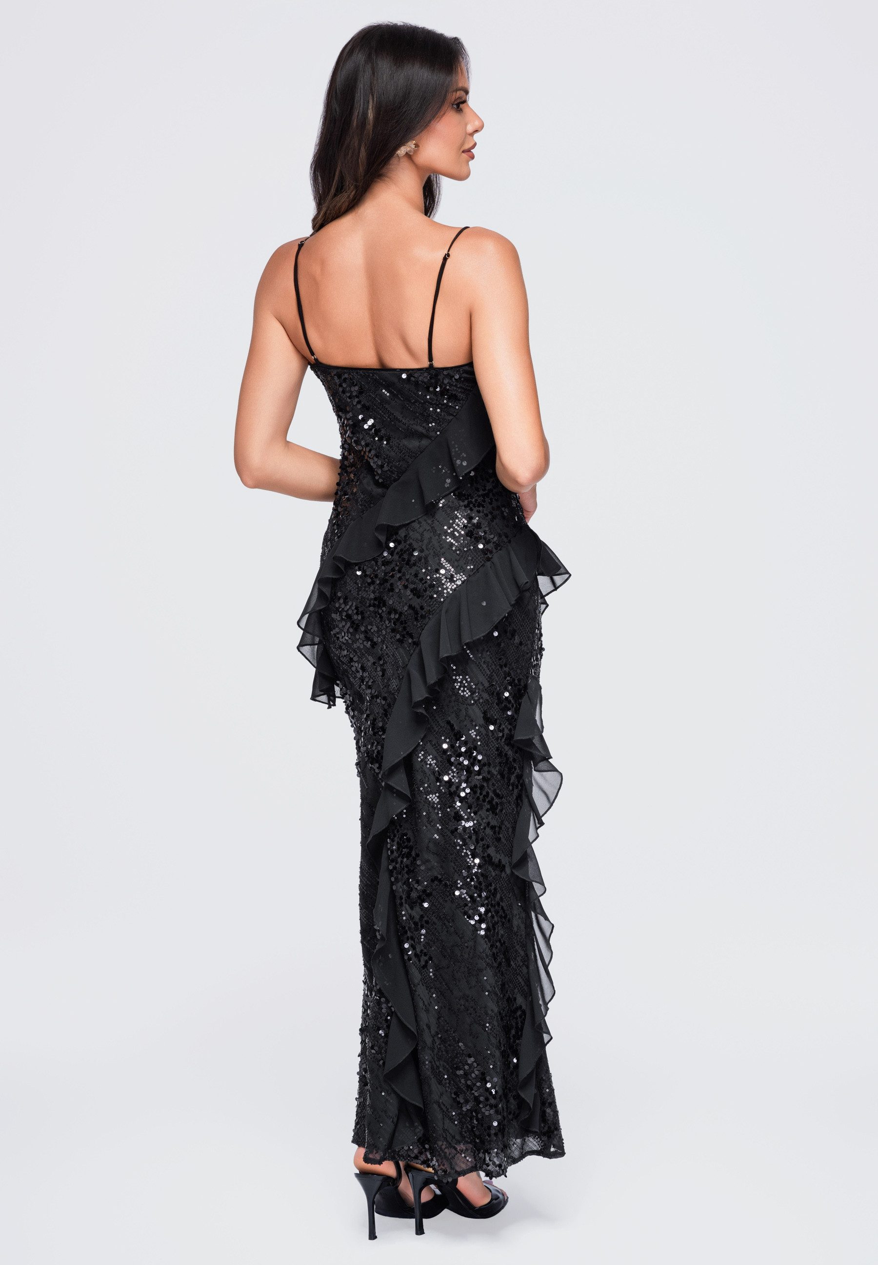 OMBRE Abendkleid Damen Abendkleid Maxi mit asymmetrischen Rüschen Schwarz S (kein Set, 1-tlg) in Unifarbe
