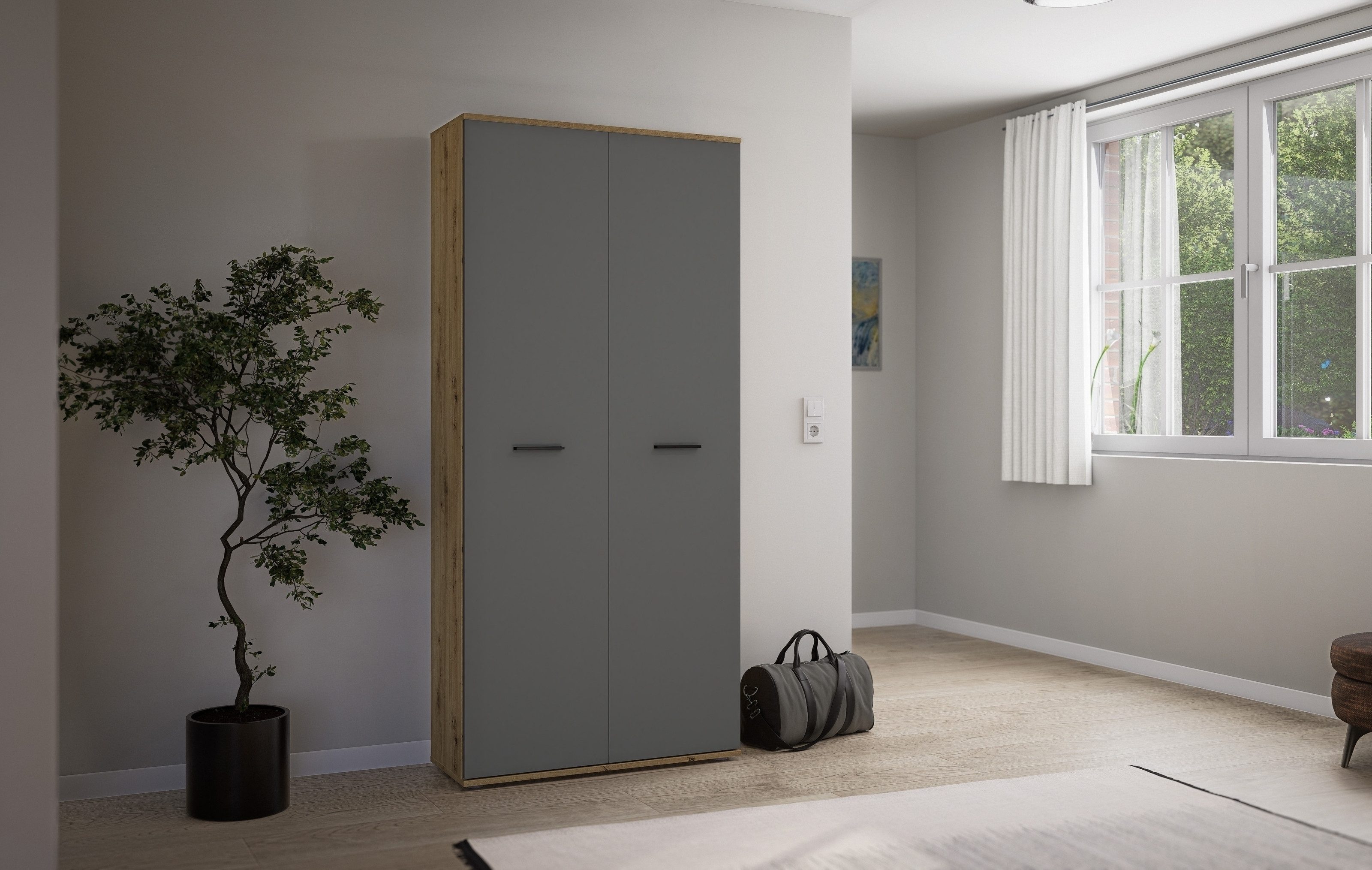 PREISBRECHER Schuhschrank Leon 2 Türen + Schübe, 9 Böden, Eiche Dekor / Anthrazit - 90x195x38cm BxHxT