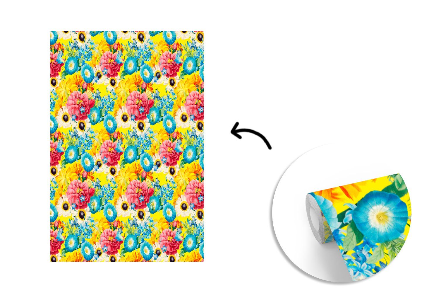 MuchoWow Fototapete - Tapete Farben, Blumen St), (3 Montagefertig Collage Wandtapete für Wohnzimmer, - bedruckt, Matt, Vinyl