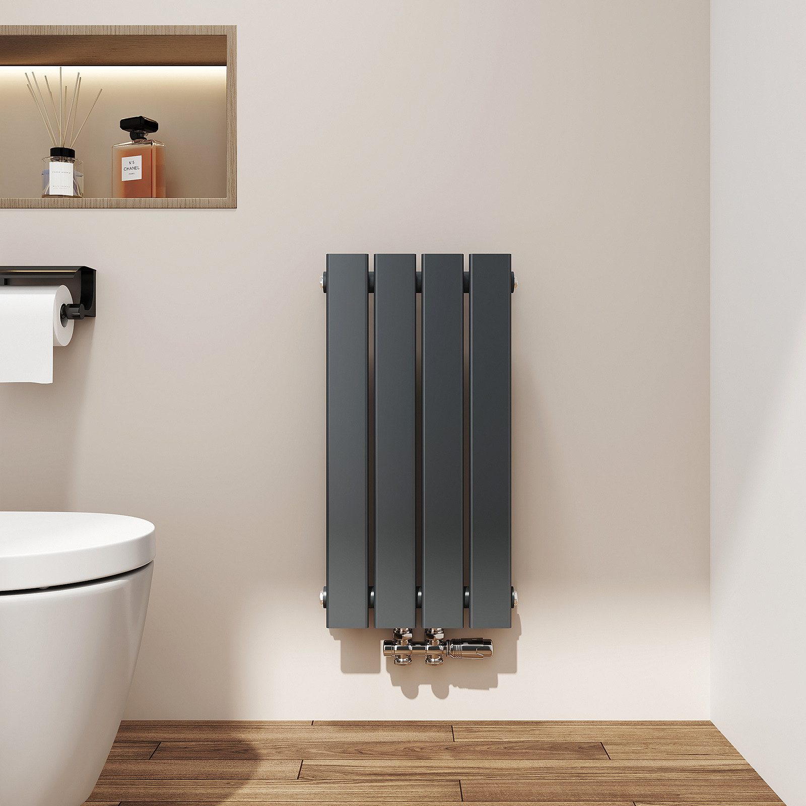 EMKE Heizkörper Anthrazit/Weiß Einlagig Flach Design Paneelheizkörper Breite: 30cm, Vertikal, Mittelanschluss 210W für 3qm Raum