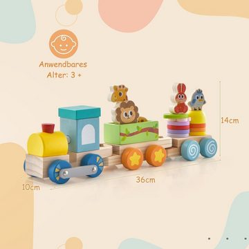 KOMFOTTEU Spielzeugeisenbahn-Set, mit Lokomotive, Tieren & stapelbaren Holzklötzen