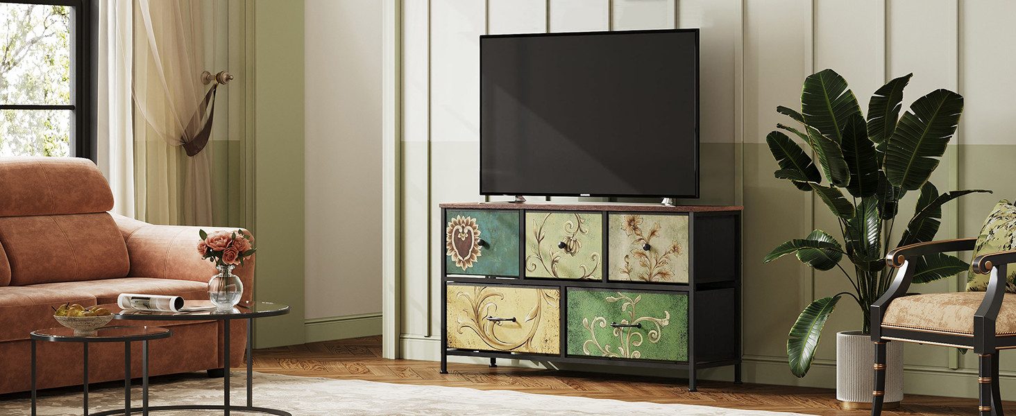 FUROKOY Kommode Stauraumschrank,Schrank Schlafzimmer,Metallrahmen,Retro Stil, Blumenmuster,5 Schubladen