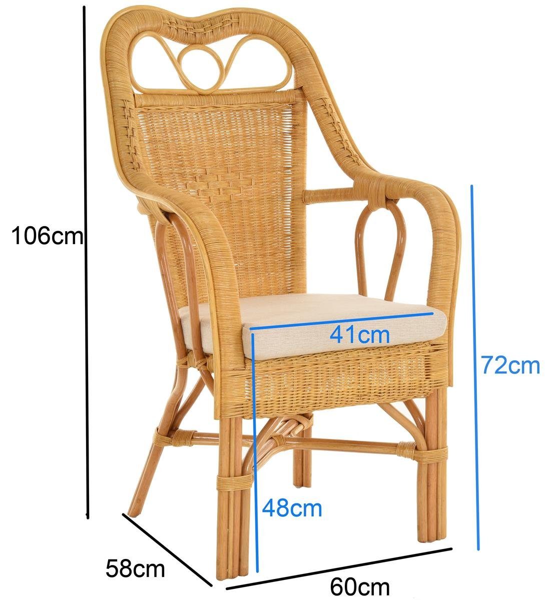 Krines Home Armlehnstuhl Wintergarten Mit mit Sessel Armlehnsessel Rückenlehne, Sitzkissen Honig Rattansessel hoher