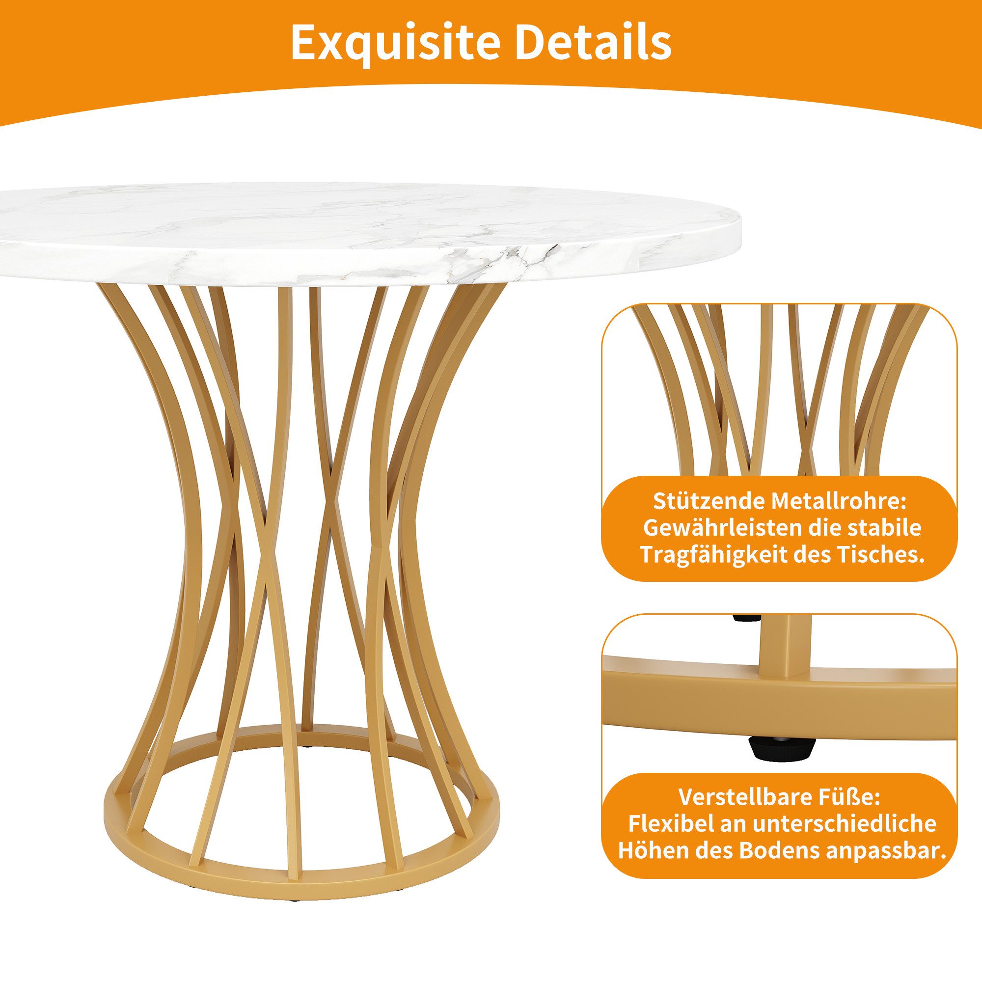 KLAM HOME Esstisch Runder Esstisch (80 x 80 x 76 cm), küchentisch, stabiler metallrahmen (moderne marmor - Oder esstische, frühstückstisch für 4-6 Personen), ge – Bild 5 von 5