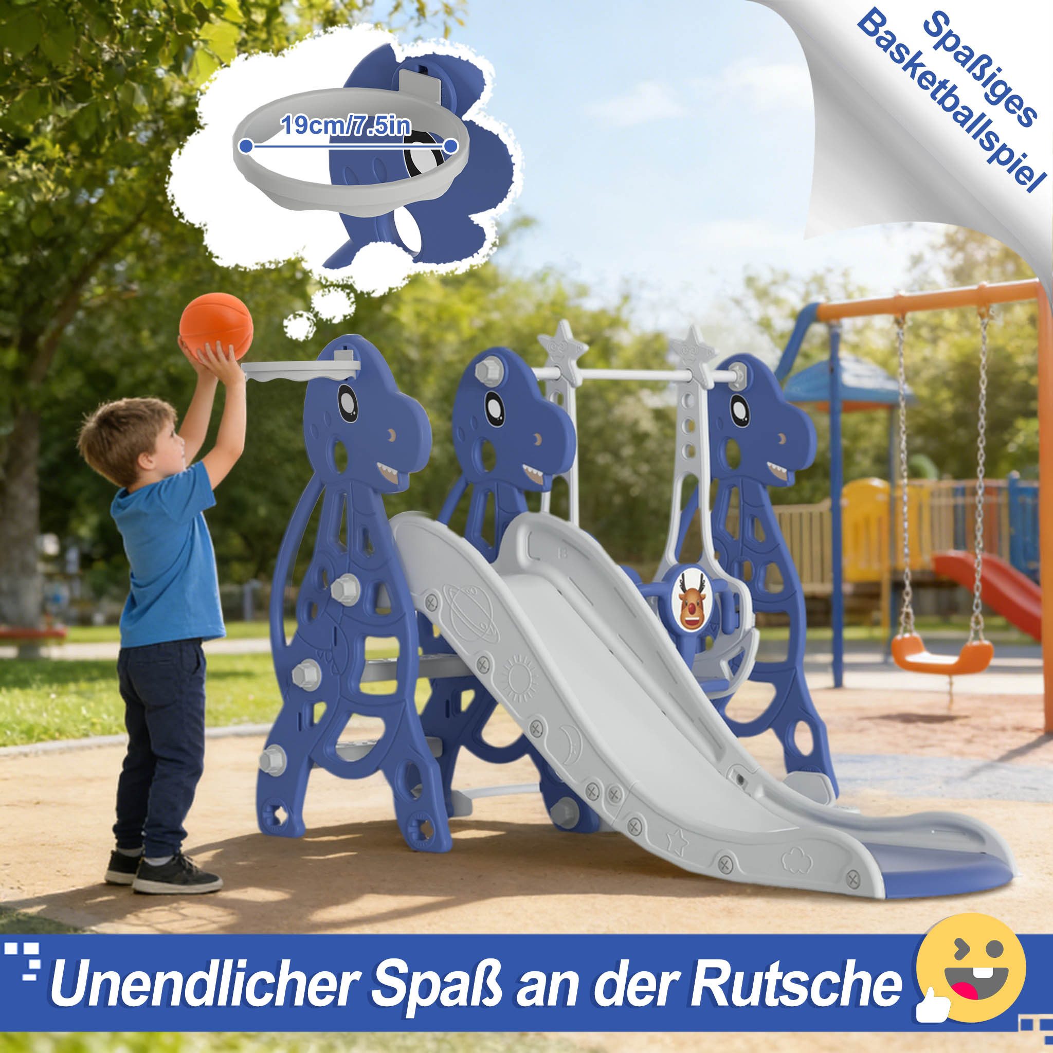 FIVMEN Rutsche Kinder Freistehende Kinderrutsche Spielzeugrutsche Gartenrutsche, Kinder Rutsche inkl. Klettergerüst & Basketballkorb, Blau