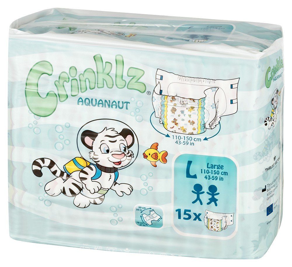 Crinklz Windeln Crinklz Aquanaut - L (110-150 cm) (15-St., Windeln mit Folie und Taucher Motiven)