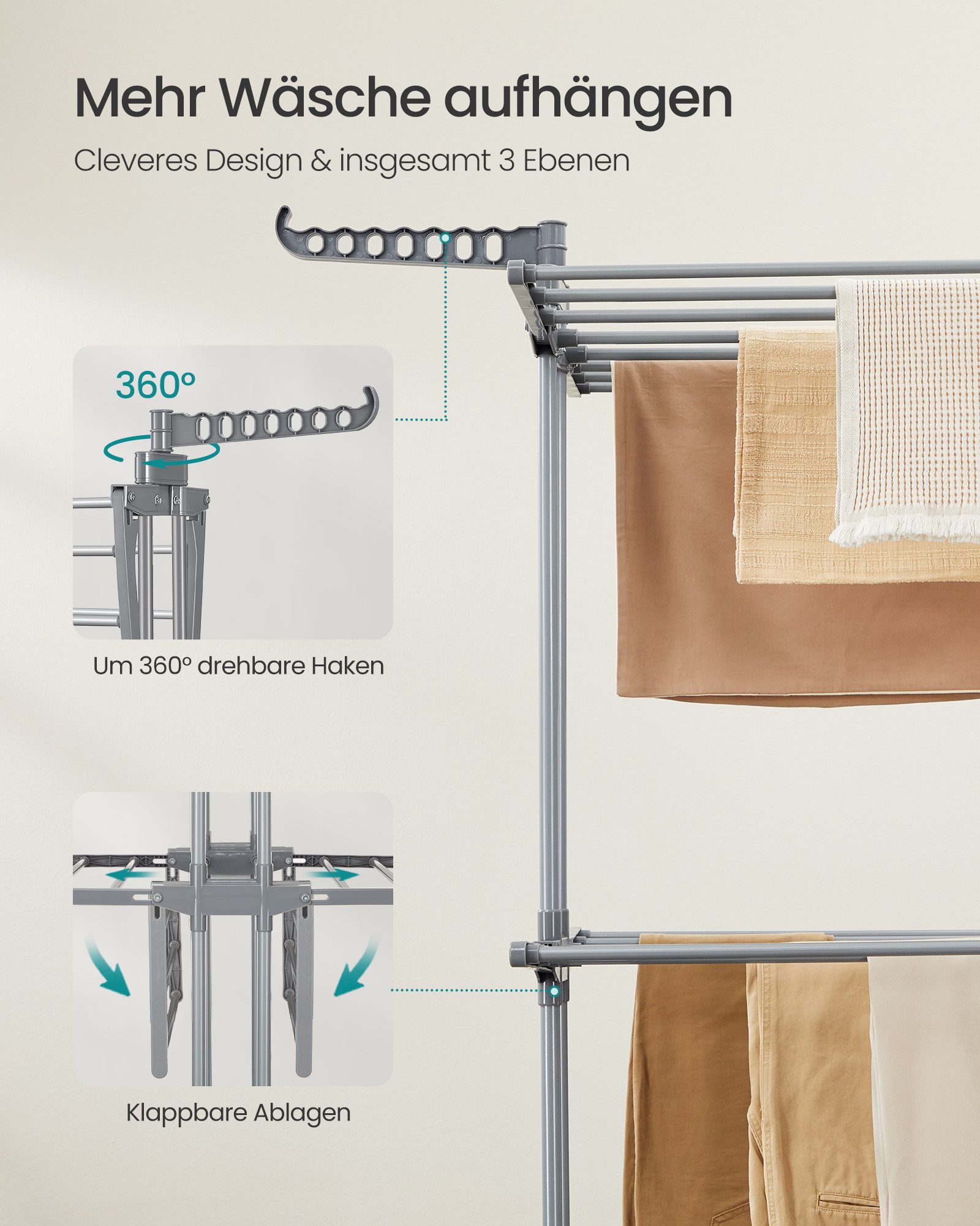 SONGMICS Wäscheständer Turm Standtrockner 4 Ebenen, Flügelwäscheständer, einfacher Aufbau, klappbare Flügel, mit Rollen, 63,5 x 128 x 148 cm – Bild 5 von 5