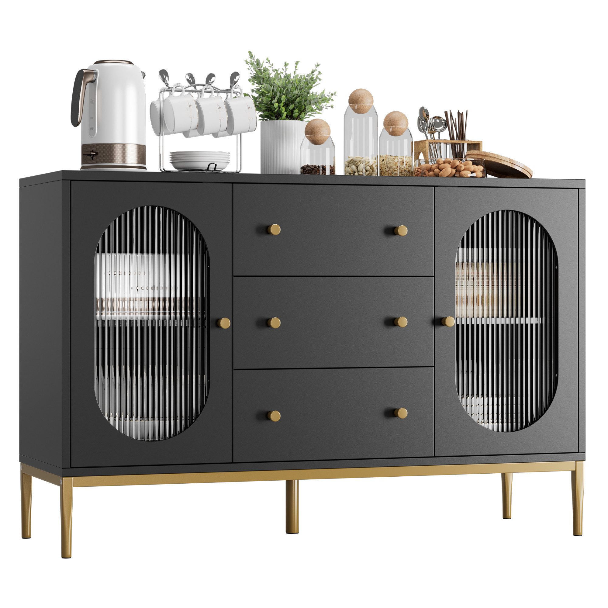 Homfa Sideboard Küchenschrank, mit 3 Schubladen 2 Glastüren, Buffetschrank, günstig online kaufen