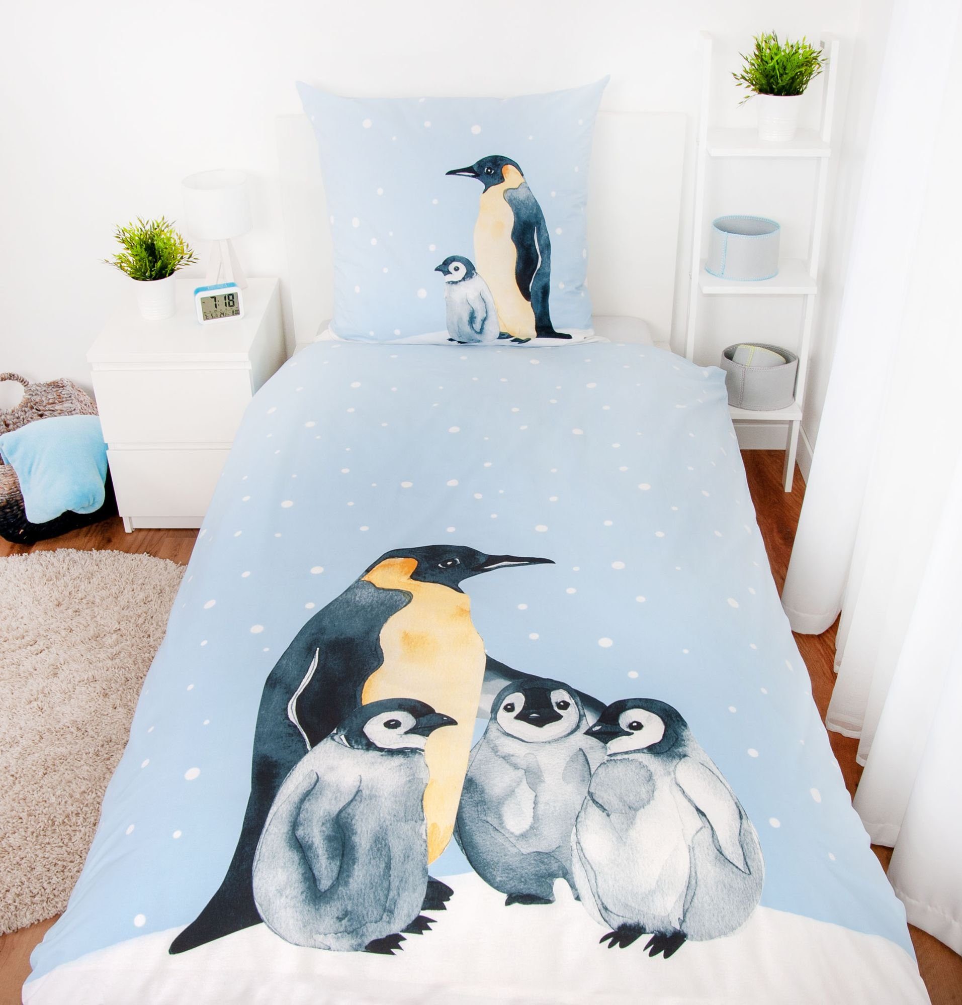 Kinderbettwäsche Biber Bettwäsche Set mit Pinguin 135x200cm 80x80cm 100% Baumwolle