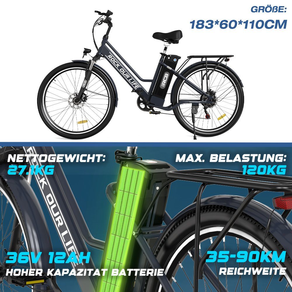 90km Gang, Trekkingrad 12AH max E-Bike, 7 26" Elektro cityrad SPedelec 36V RCB