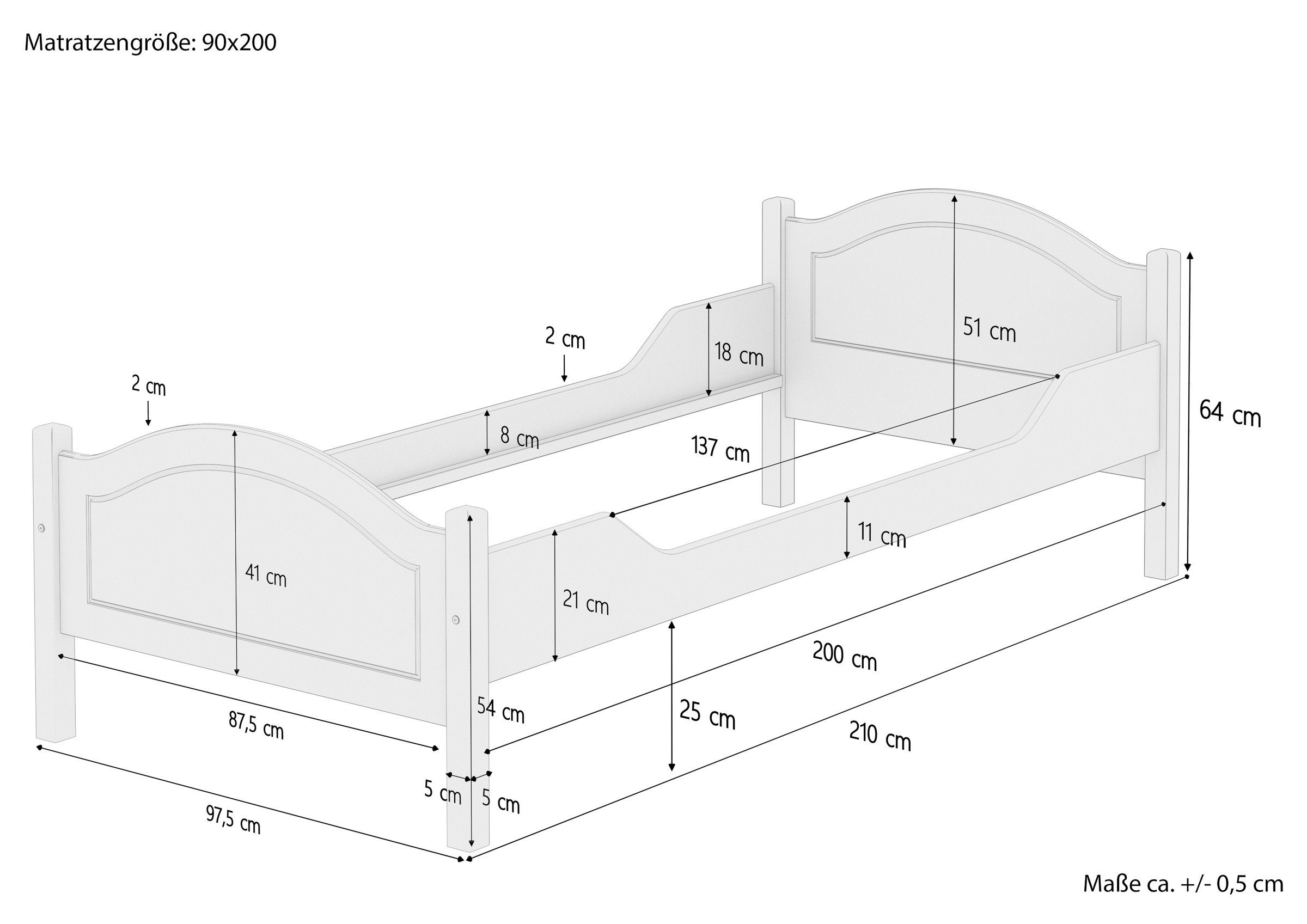 90x200, ERST-HOLZ Massivholz-Einzelbett Bett lackiert Kieferfarblos mit Kiefer Rollrost