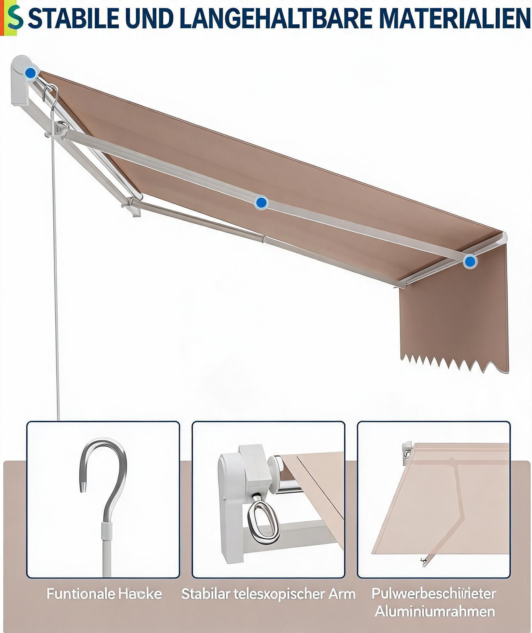 GarveeMore Gelenkarmmarkise 300 x 250 cm,UV40+ & wasserabweisend, mit Kurbel & Wandhalterung Länge + Winkel einstellbar, Markise für Terrasse & Balkon – Bild 4 von 5