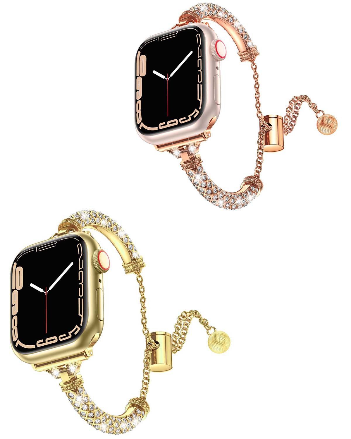YANN Smartwatch-Armband Für Apple Watch 1-9 / SE Metall-Diamant-Glitzerarmband, Milan-Armband erhältlich für 38/40/41 mm und 42/44/45/49 mm Retro-Gold+Gold