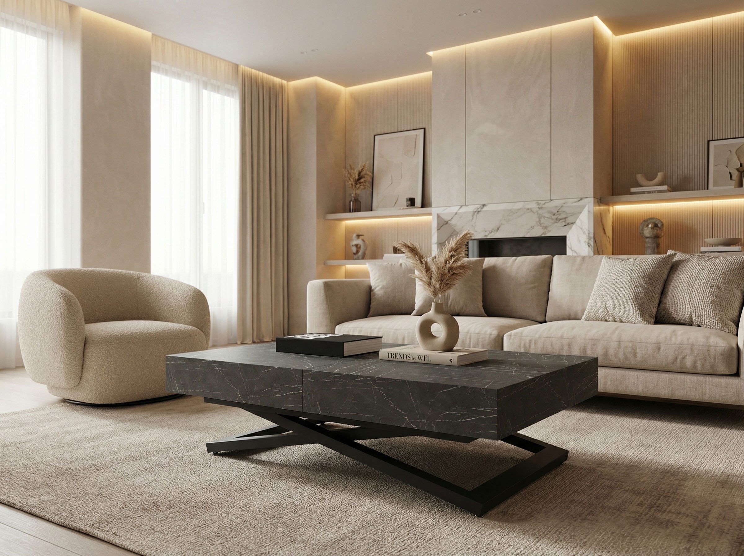 WFL GROUP Couchtisch Cavetta U höhenverstellbar ausziehbar mit schwarzen Metallbeinen (MADE IN EU, erhältlich in einer Größe – 120x80x27-76 cm, ausziehbar auf 200 cm), industrial Tisch in Holzoptik für Küche, Esszimmer oder Wohnzimmer