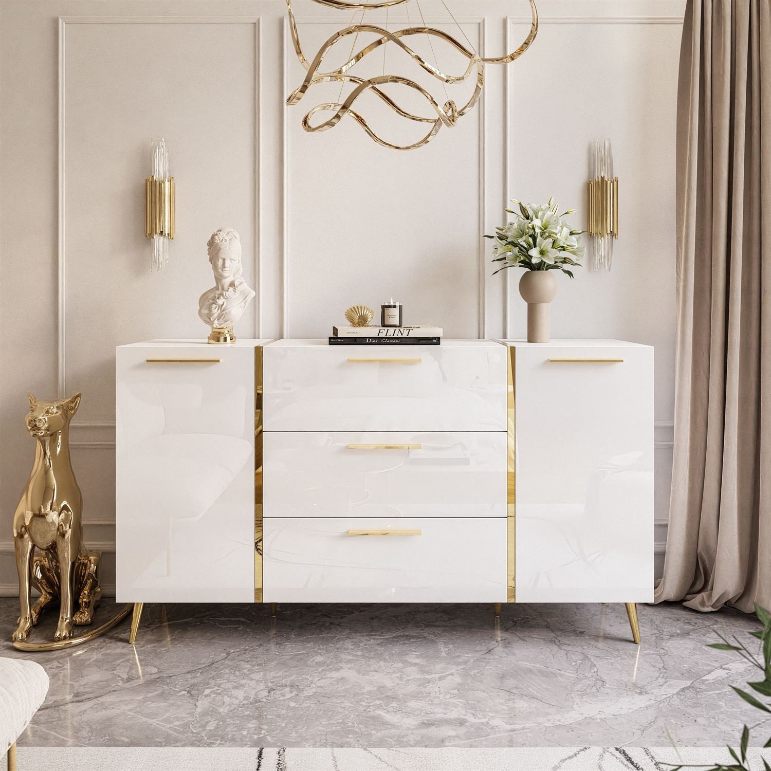Lookway Kommode ONYX goldene Beine Hochglanz Push-Open / Goldgriffe 158 cm