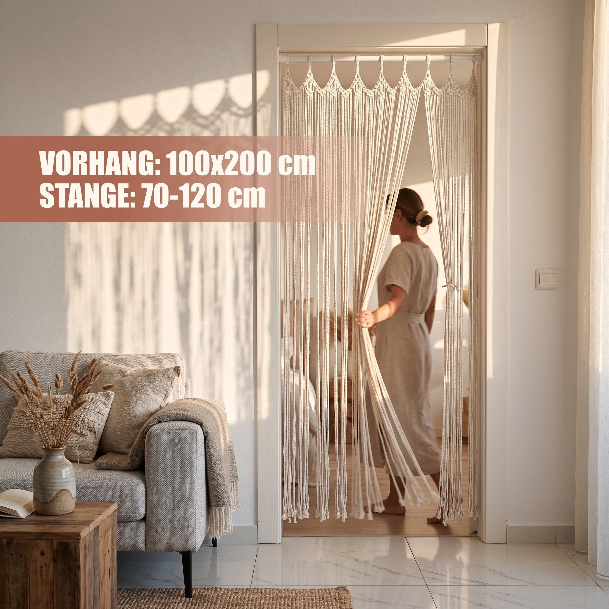 Cozyor Türvorhang Makramee Vorhang Boho 100x200 cm für Tür, Fenster, Balkon & Wohnwagen (1 St), Schlaufen, 100% Baumwolle, beige natur Wandteppich Wandbehang Hochzeit handgemacht
