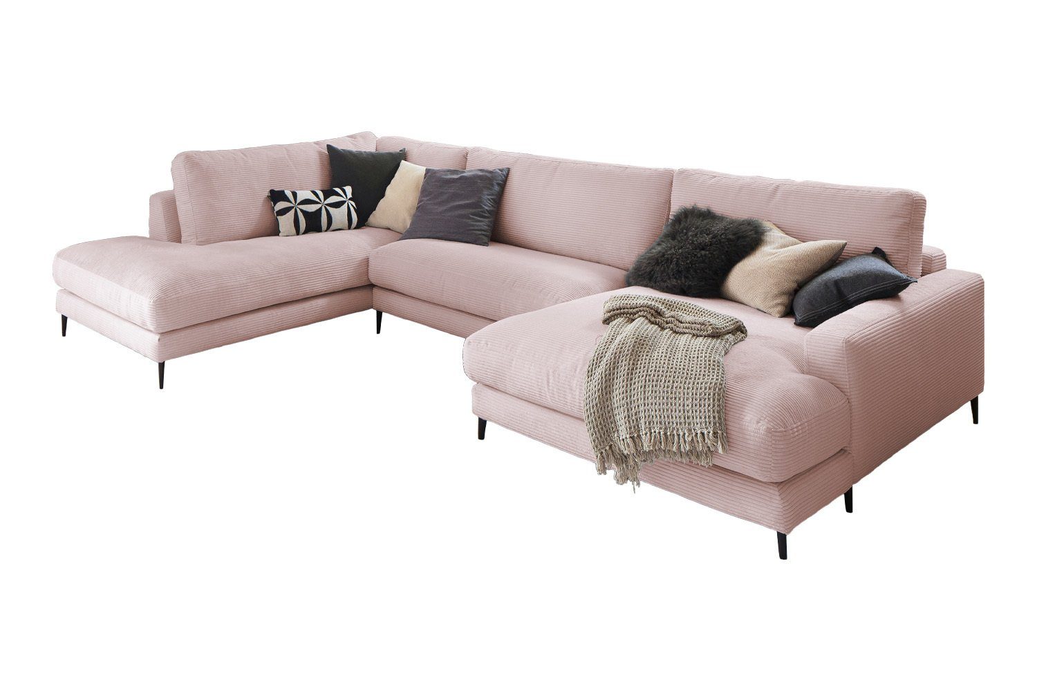 Longchair U-Form Sofa Wohnlandschaft links, od. Farben versch. CARA, rechts Cord, KAWOLA rosa