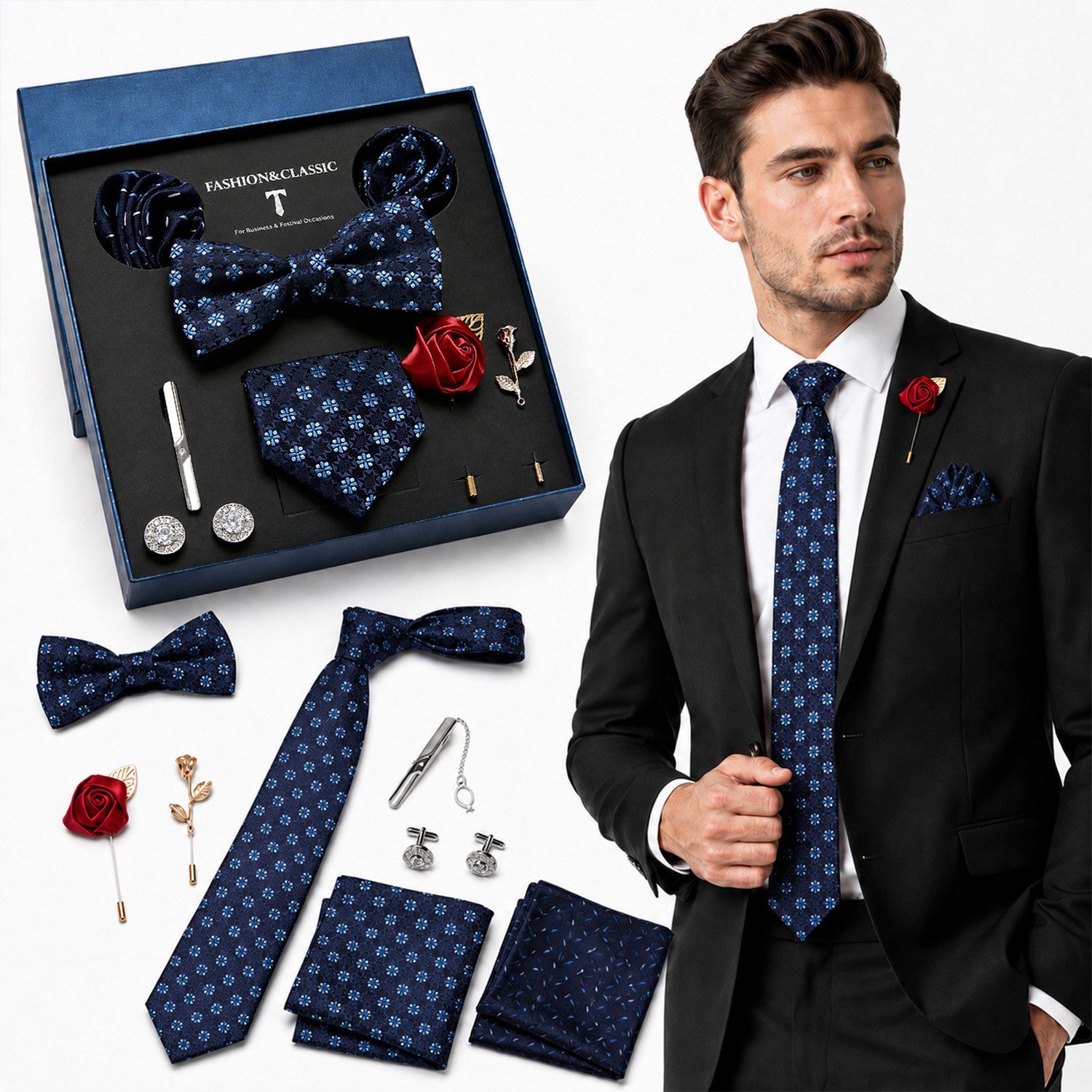 MOPUEA Krawattenhalter Fliege Krawatte Set Herren Einstechtuch Manschettenknöpfe Hochzeit (Fliegen Set mit, Einstecktuch, Manschettenköpfe, Krawattennadel, Boutonniere), Hochwertige Materialien, Vielseitigkeit & Ideales Geschenk
