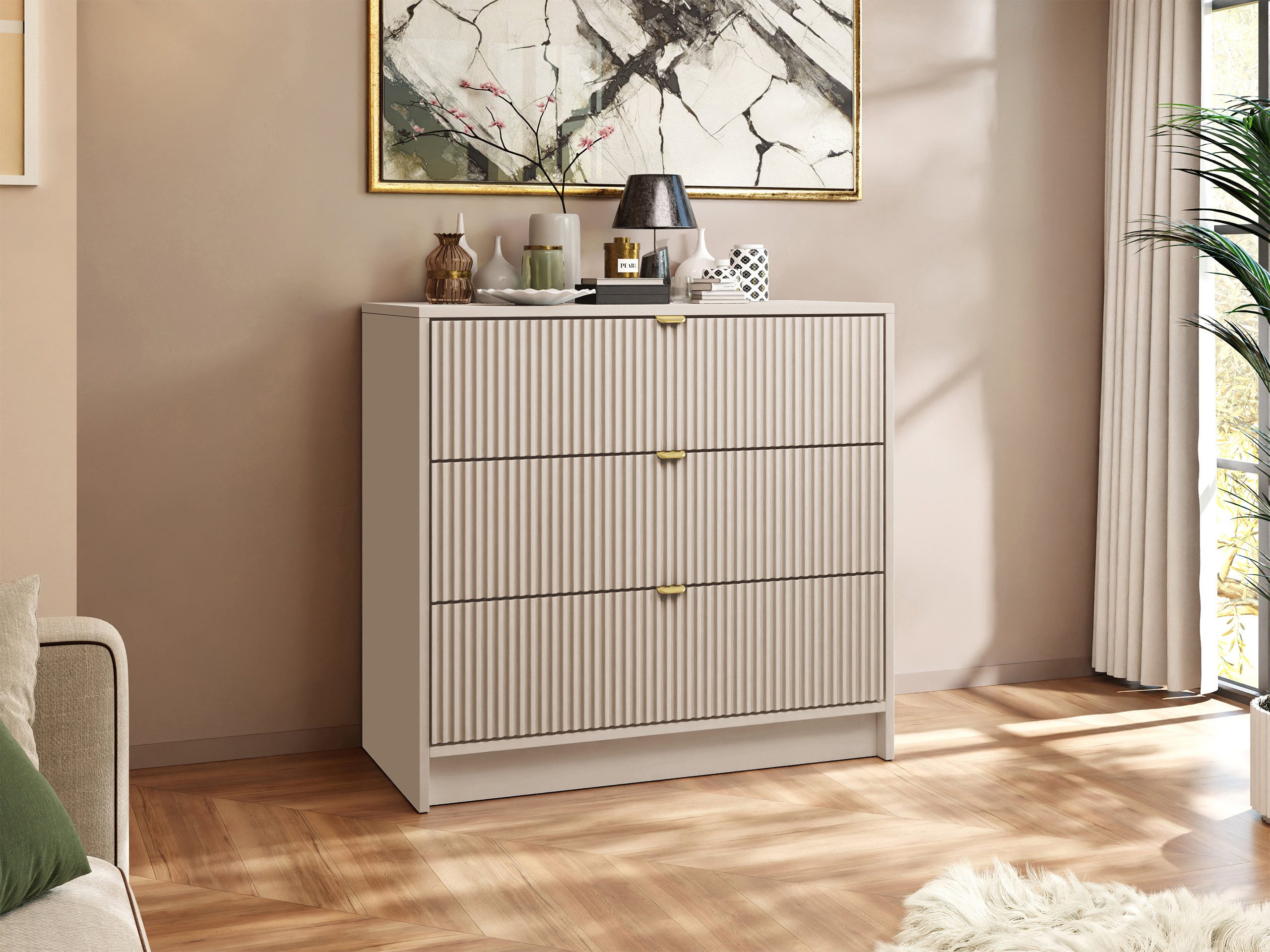 MIRJAN24 Kommode Tireno 3SZ (mit drei Schubladen), Aluminiumgriff in der Farbe Gold