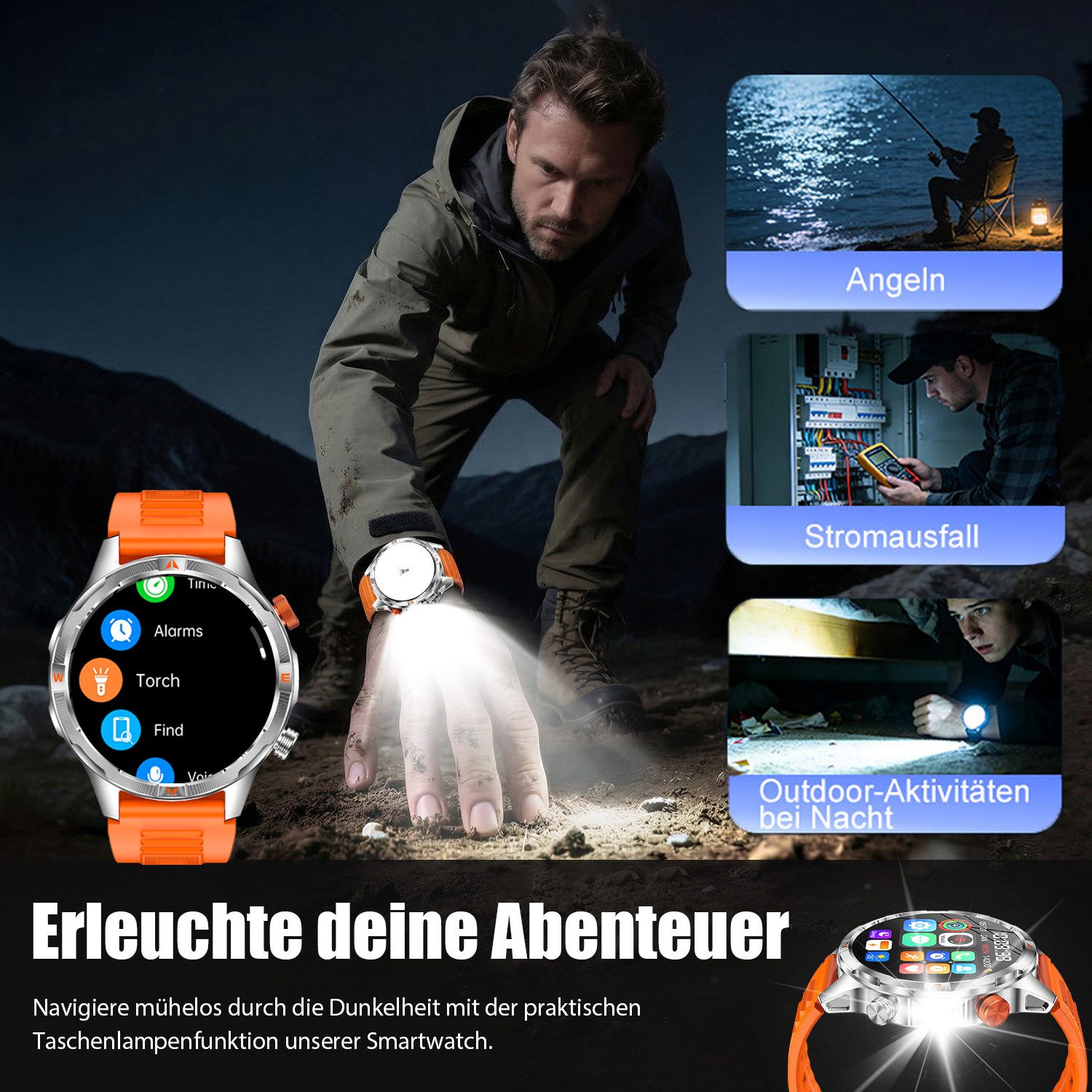 ANYSUN Militär Smartwatch Herren, Outdooruhr mit 1000mAh Smartwatch (1,7 Zoll) LED Taschenlampen, Bluetooth-Anrufe,Kompass,Puls-SpO2-Schlaf-Monitor, 100+ Sportmodi Fitness-Tracker,Schrittzähler IP68, für iOS Android