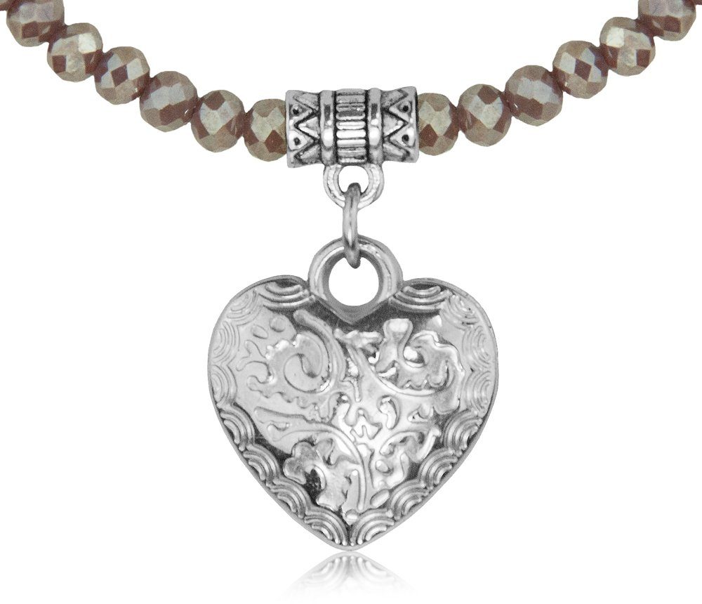 Trachtenland Kette mit Anhänger Glas Perlen Halskette mit Herz - Taupe